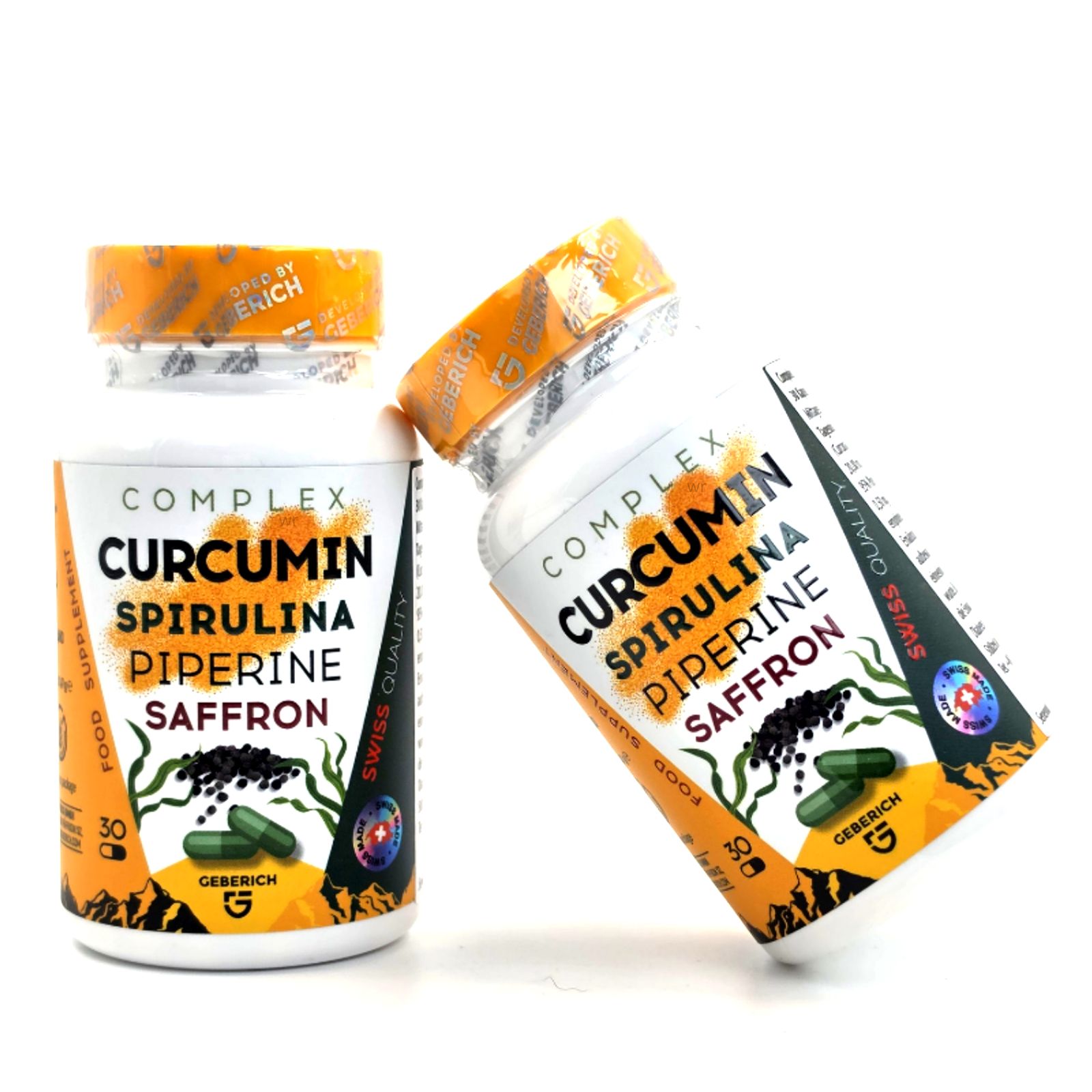 Zwei Flaschen Nahrungsergänzungsmittel mit Kurkuma, Spirulina, Piperin und Safran. Geberich Marke.