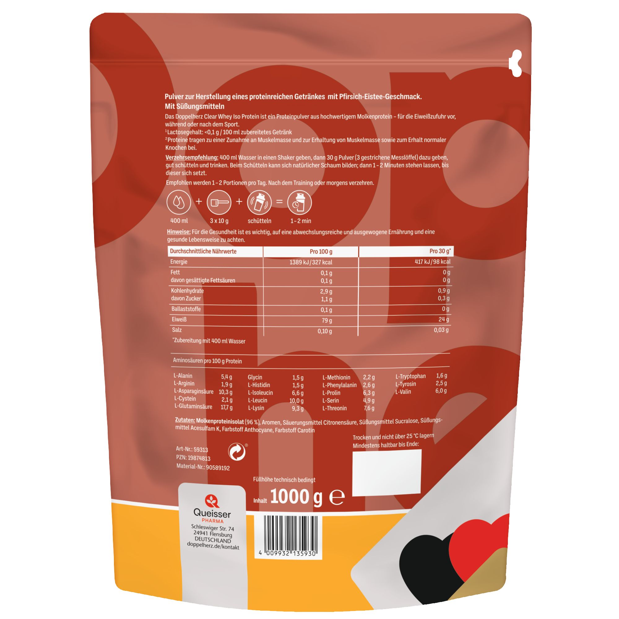 Rückseite der Verpackung von Doppelherz Clear Whey Iso Protein. Enthält Nährwertangaben und Zutatenliste.