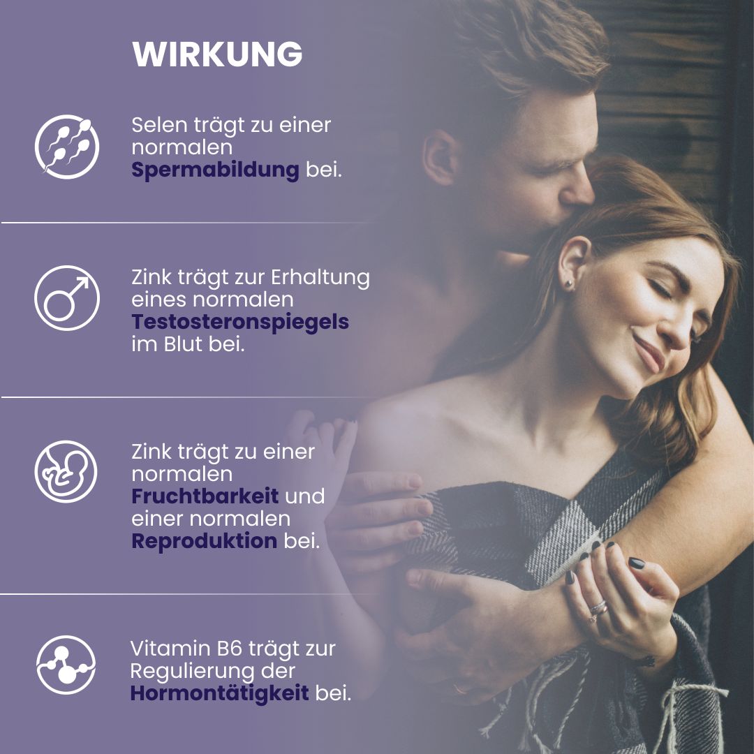 Text über die Wirkung von Selen, Zink und Vitamin B6. Abgebildet: Paar, das sich umarmt.