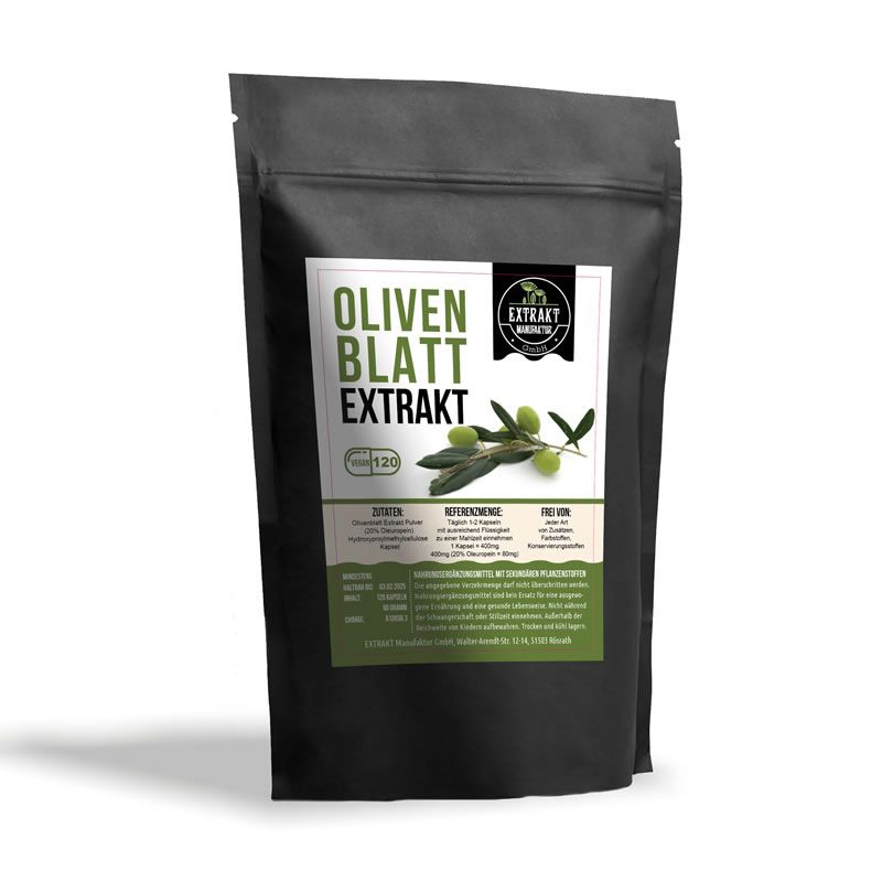 Schwarze Beutel mit Olivenblatt Extrakt Kapseln. Aufdruck mit Produktname, Olivenzweig-Illustration und Logo. 120 Kapseln.