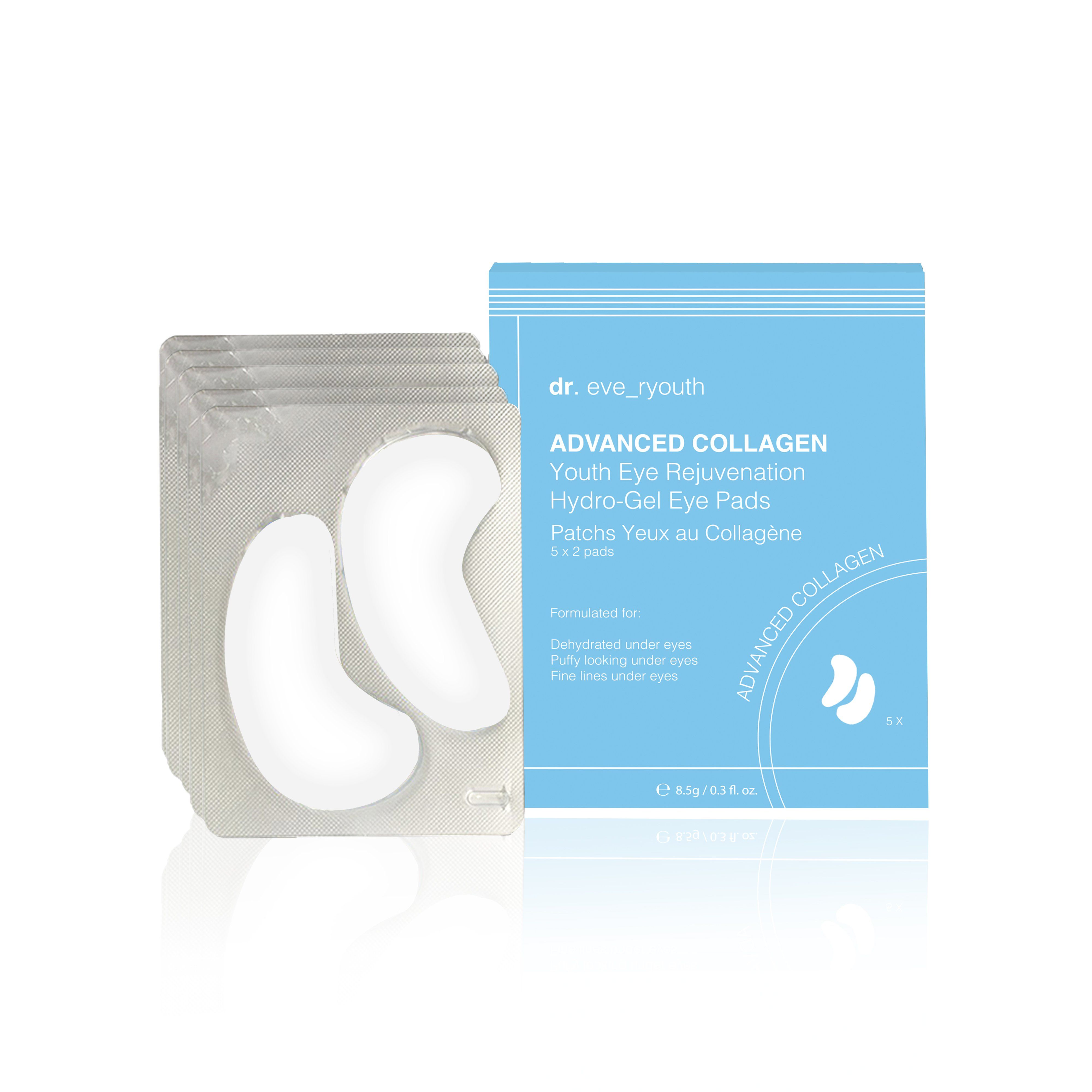 Packung mit Augenpads und Schachtel. Augenpads weiß, halbmondförmig. Schachtel blau mit Produktinformationen.