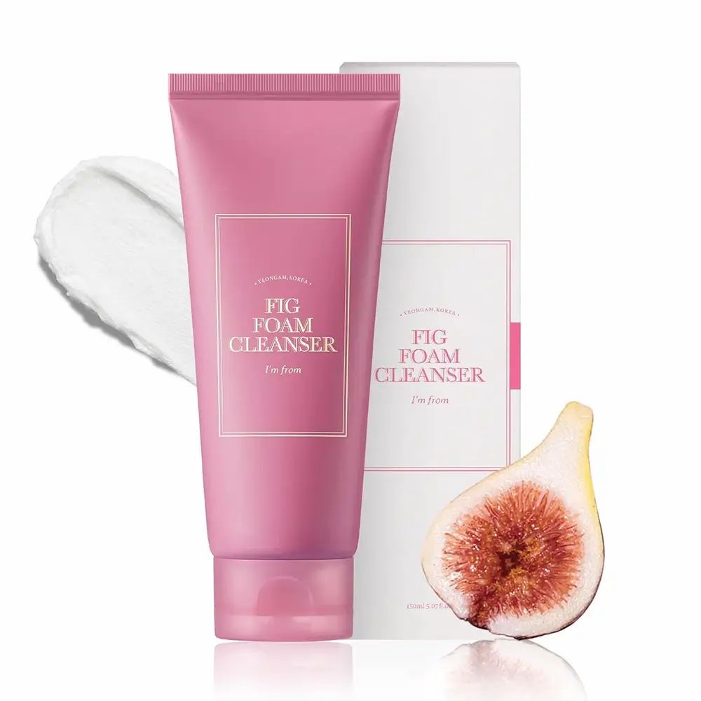 Rosa Tube, Verpackung und Feige. Aufschrift 'FIG FOAM CLEANSER'. Marke 'I'm from'.