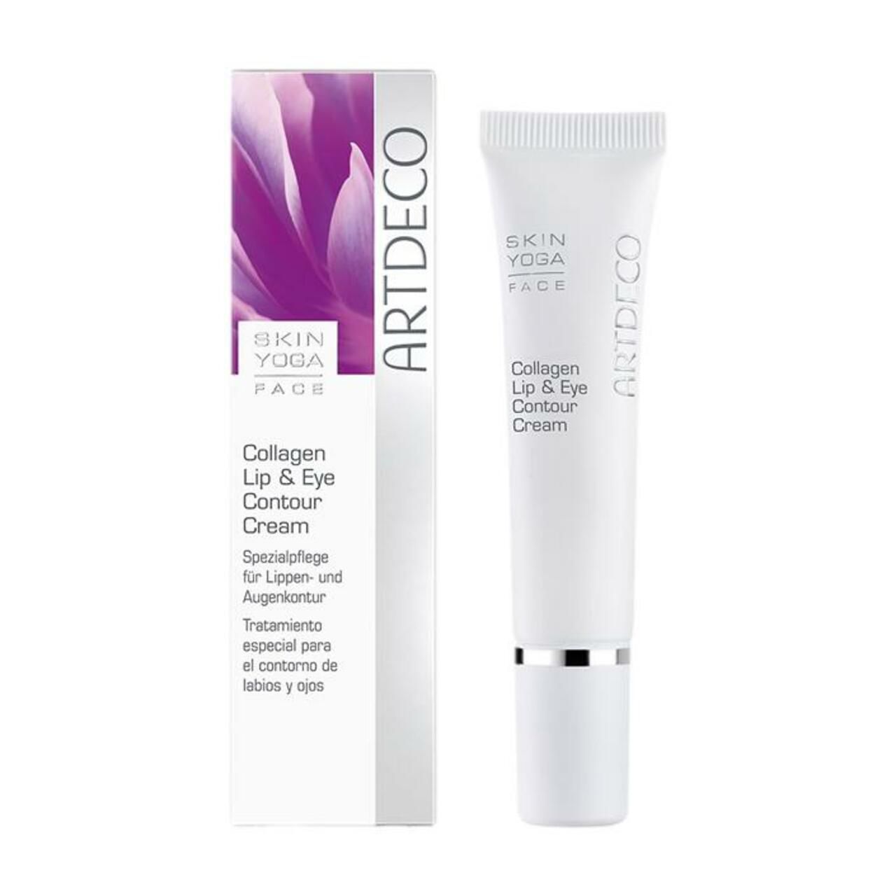 Produkt und Verpackung. Weiße Tube, weiße Schachtel mit lila Blume. Text: ARTDECO, Collagen Lip & Eye Contour Cream.