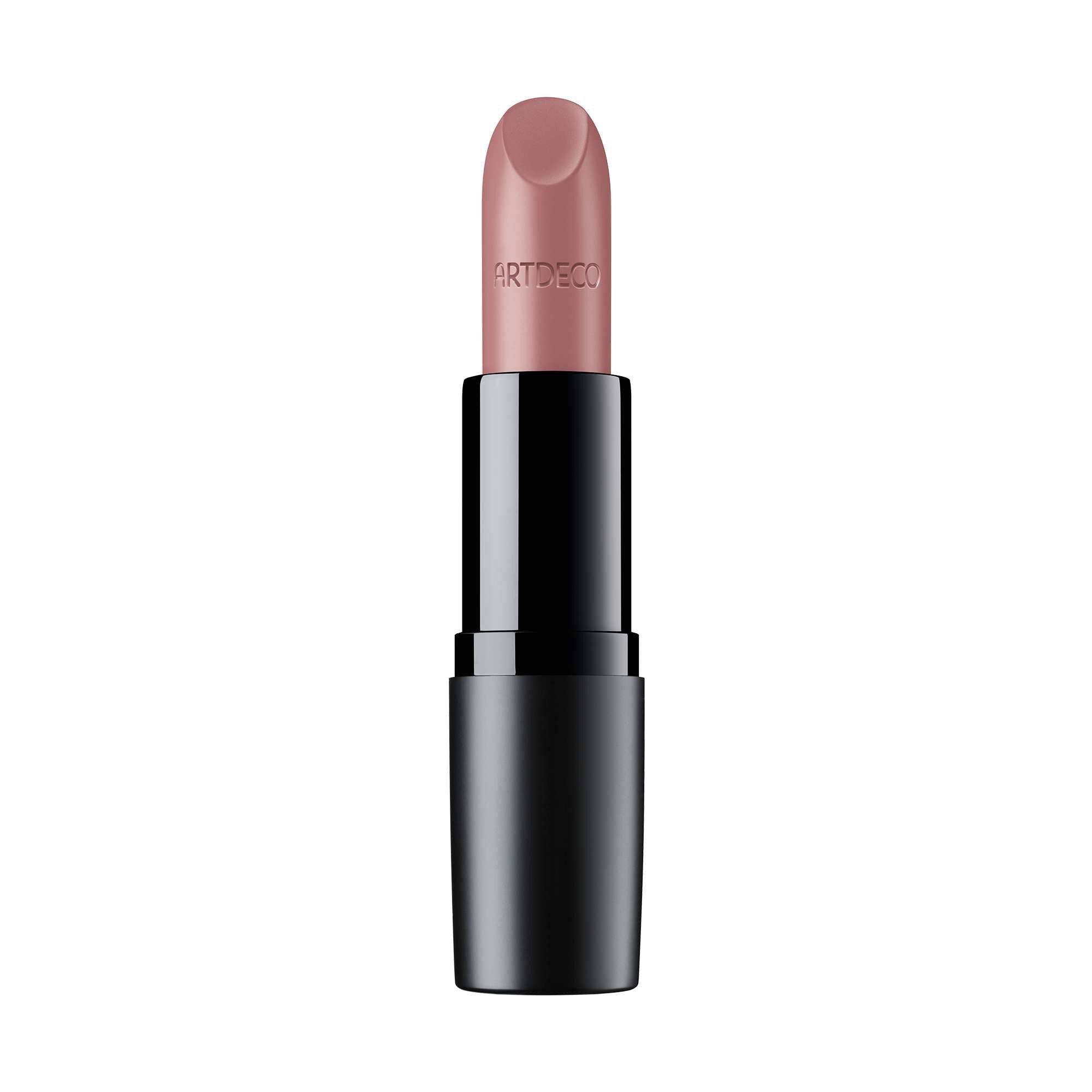 ARTDECO Perfect Mat Lipstick in einem matten, rosafarbenen Ton mit schwarzem Gehäuse.