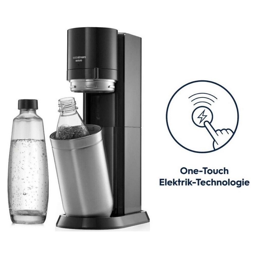 SodaStream E-DUO Wassersprudler mit zweiter Glasflasche und Symbol für "One-Touch Elektrik-Technologie".