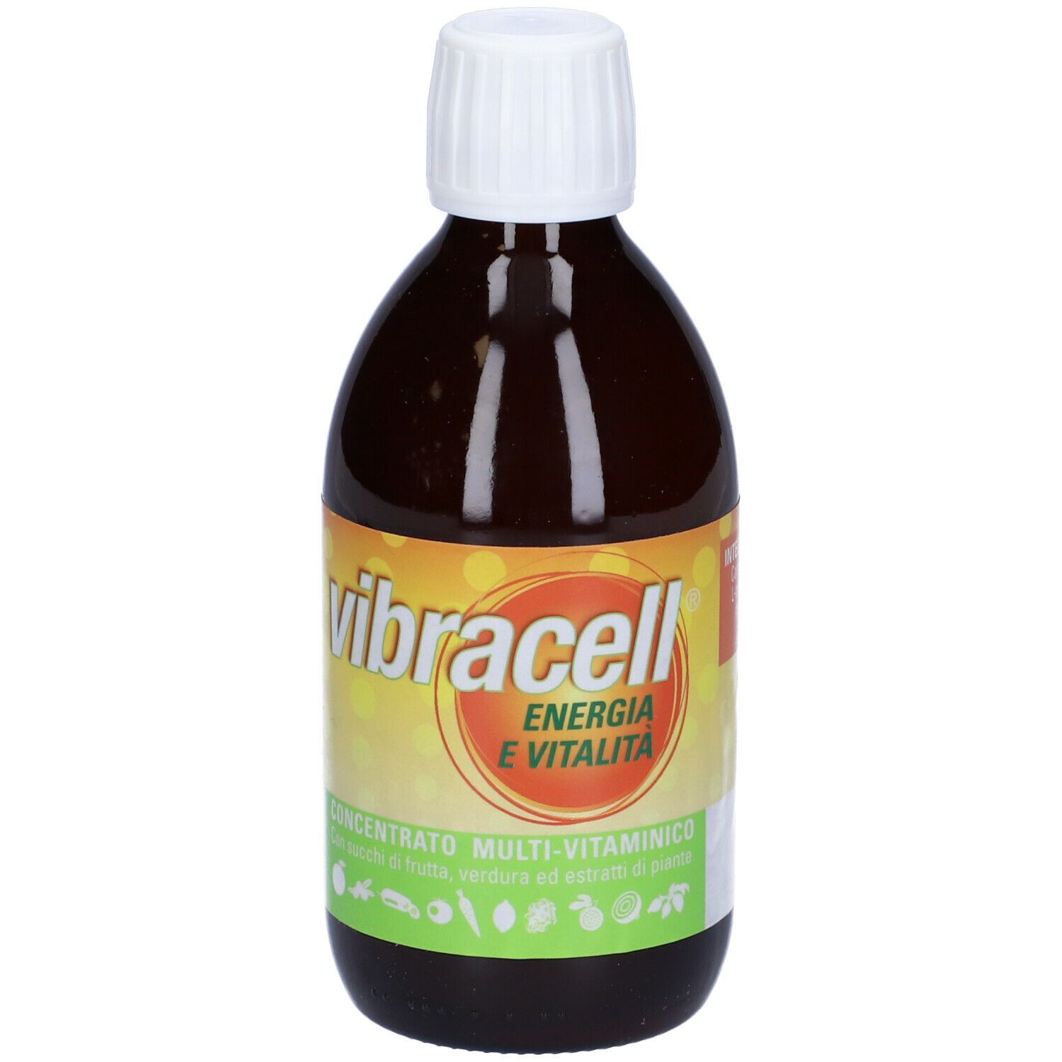 Flacone marrone Vibracell. Etichetta giallo-arancio con nome prodotto e scritta 'Energia e Vitalità'. Tappo bianco.