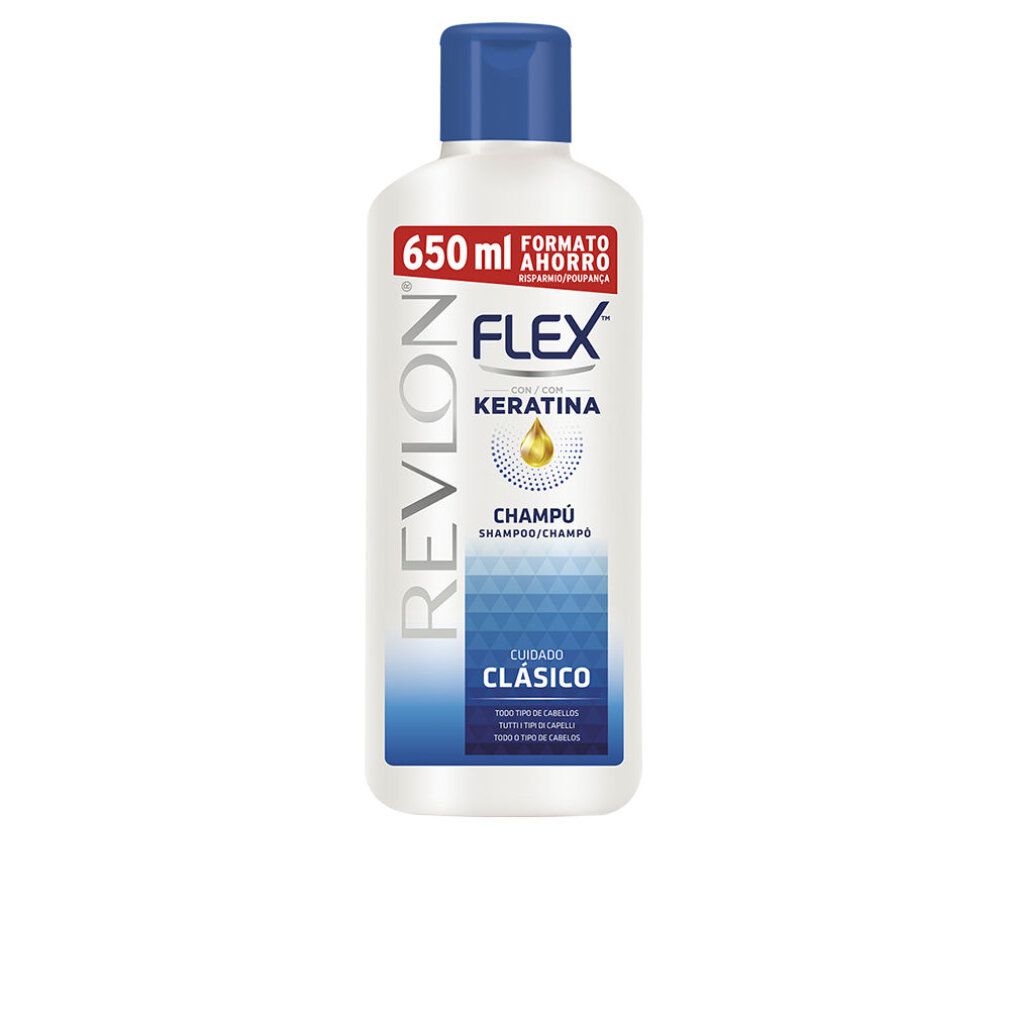 Flasche Revlon Flex Keratin Shampoo. Weiß-blaue Verpackung mit blauer Kappe. Text: Flex, Keratina, Champú, Cuidado Clásico, 650 ml.