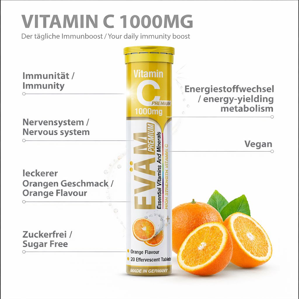 Gelbe Tube EVÄM Vitamin C 1000mg Brausetabletten. Aufschrift: Vitamin C, 1000mg, Premium. Orangen und Text: Immunität, Nervensystem, Geschmack.