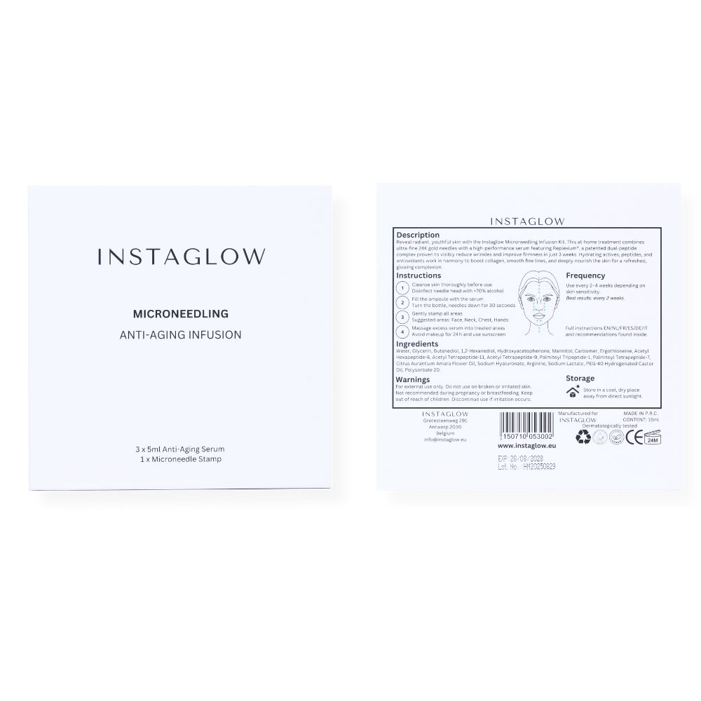 Verpackung mit Produktinformationen. Enthält 3 Seren und einen Microneedle-Stempel. Instaglow Microneedling Anti-Aging Infusion.