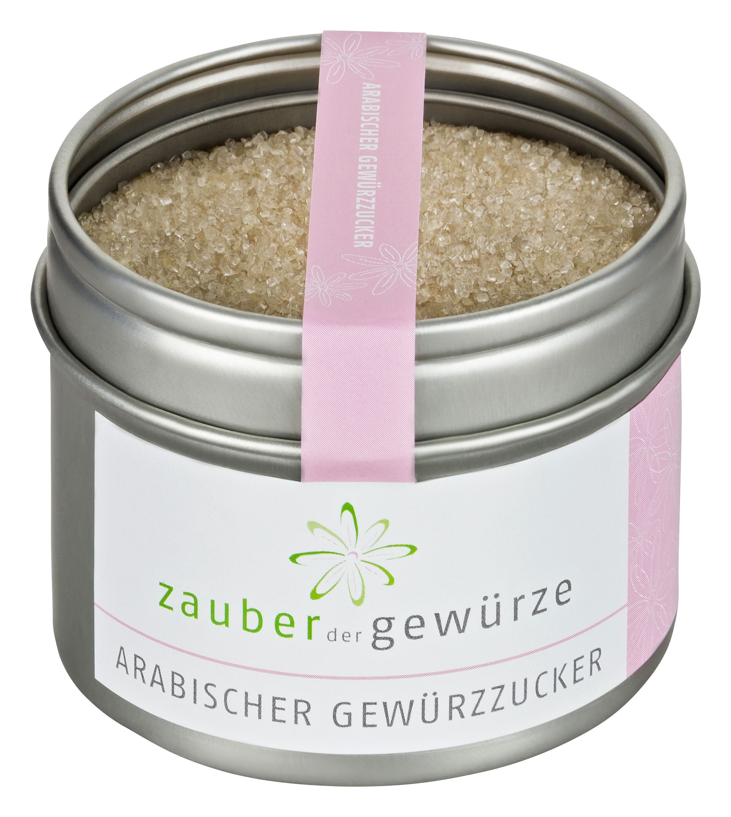 Runde Dose mit Gewürzzucker. Rosa Band mit Schriftzug. Aufschrift: Zauber der Gewürze Arabischer Gewürzzucker.