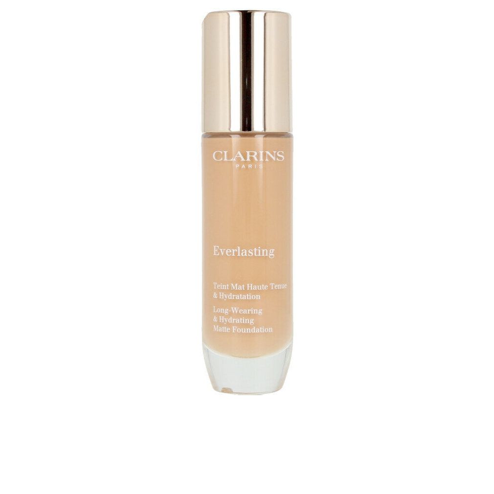 Flüssiges Make-up in einer Glasflasche mit goldenem Deckel. Aufschrift: Clarins, Everlasting, Teint Mat Haute Tenue & Hydratation, Long-Wearing & Hydrating Matte Foundation.