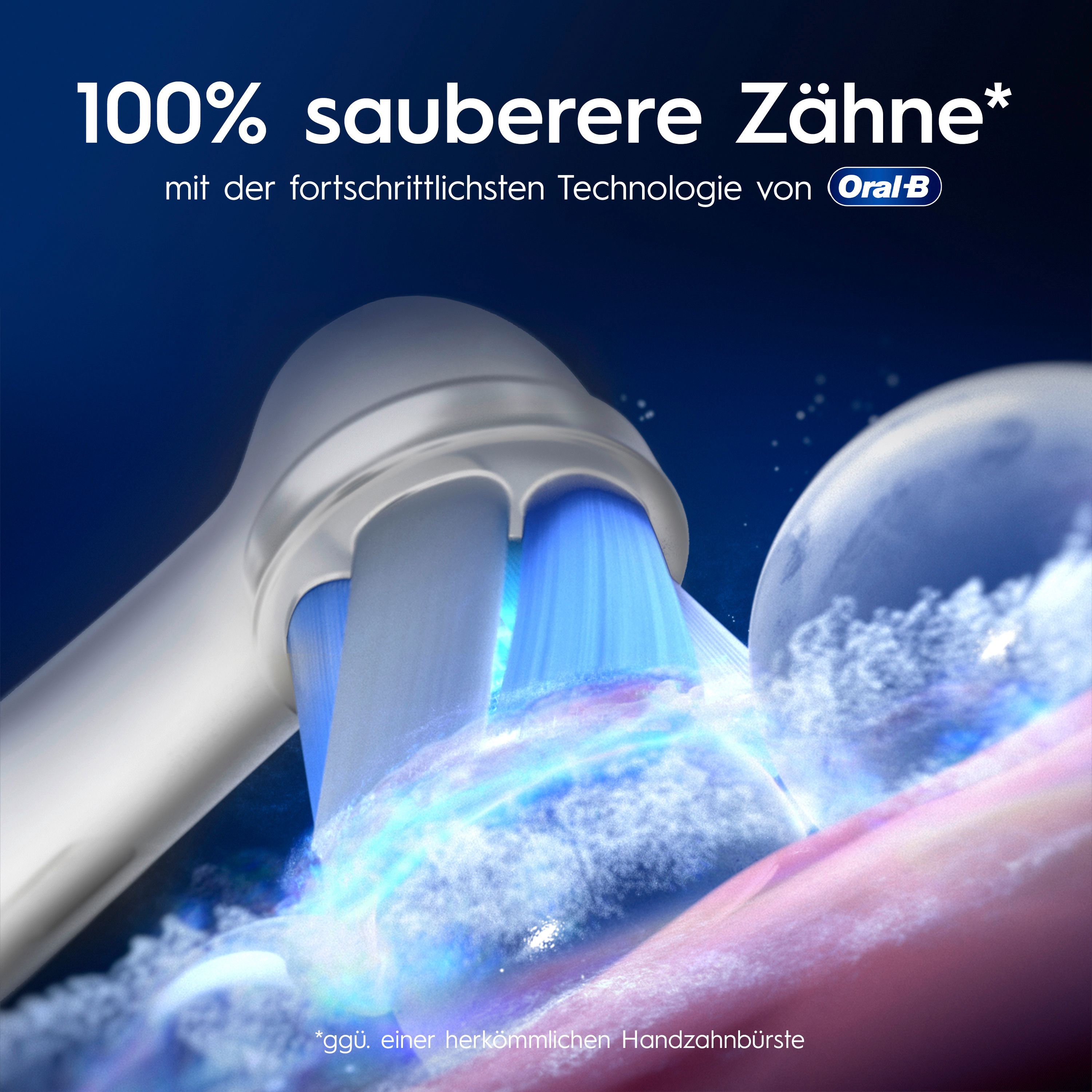 Nahaufnahme einer Zahnbürstenborste. Wasser spritzt auf die Borsten. Text: 100% sauberere Zähne.