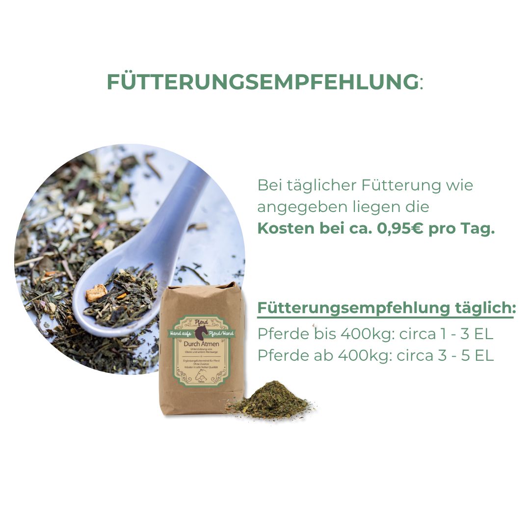Braune Papiertüte mit Produktetikett und Kräutermischung. Löffel mit Kräutern. Text: Fütterungsempfehlung, Kosten ca. 0,95€ pro Tag.
