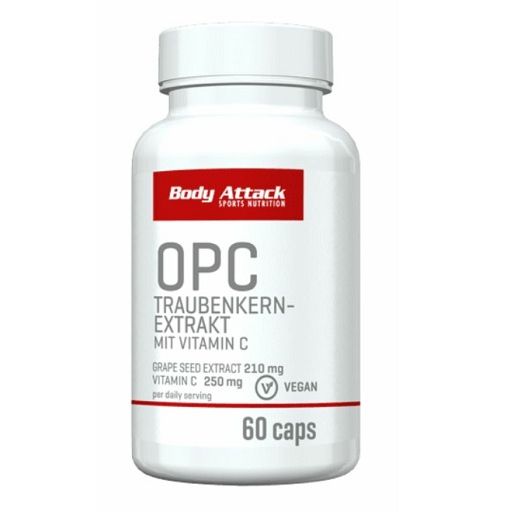 Weiße Flasche mit rotem Etikett. Aufschrift: Body Attack OPC Traubenkern Extrakt mit Vitamin C. 60 Kapseln. Vegan.