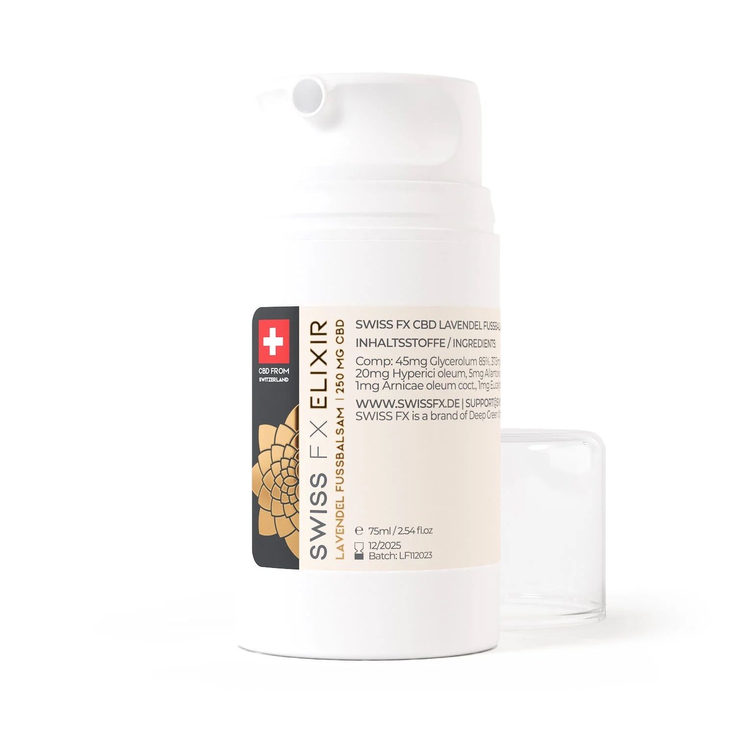 Weißer Spender mit Etikett. Schweizer Kreuz, Text: SWISS FX ELIXIR, CBD Fussbalsam, 250 mg CBD. Deckel daneben.