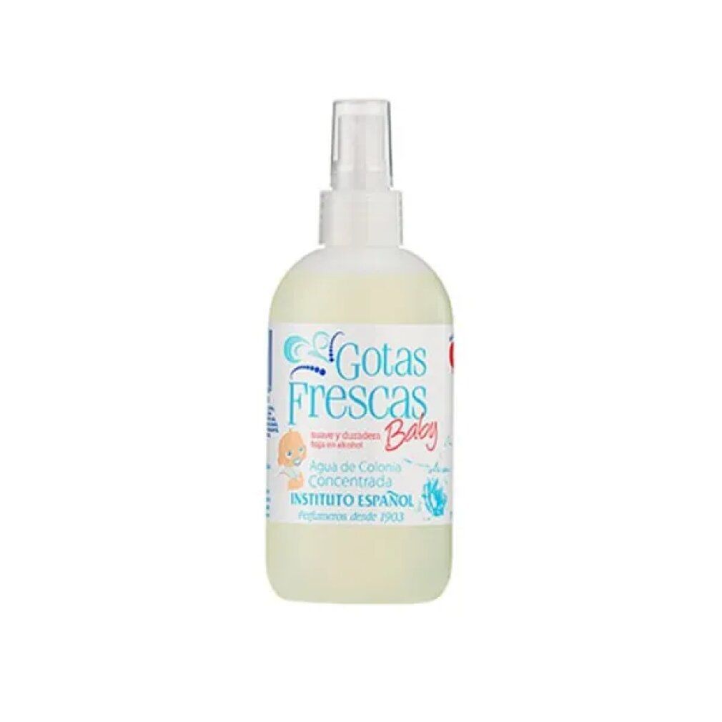 Weiße Flasche mit Sprühkopf. Aufschrift: Gotas Frescas Baby, Agua de Colonia Concentrada. INSTITUTO ESPAÑOL.
