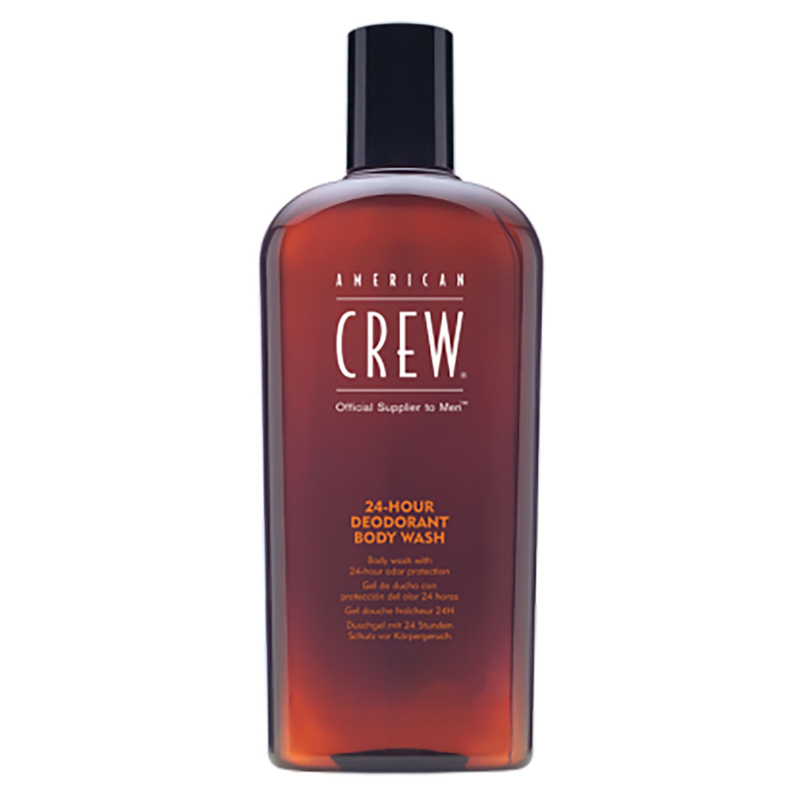 American Crew 24-Stunden Deodorant Body Wash, 450ml. Bernsteinfarbene Flasche mit schwarzem Klappverschluss.