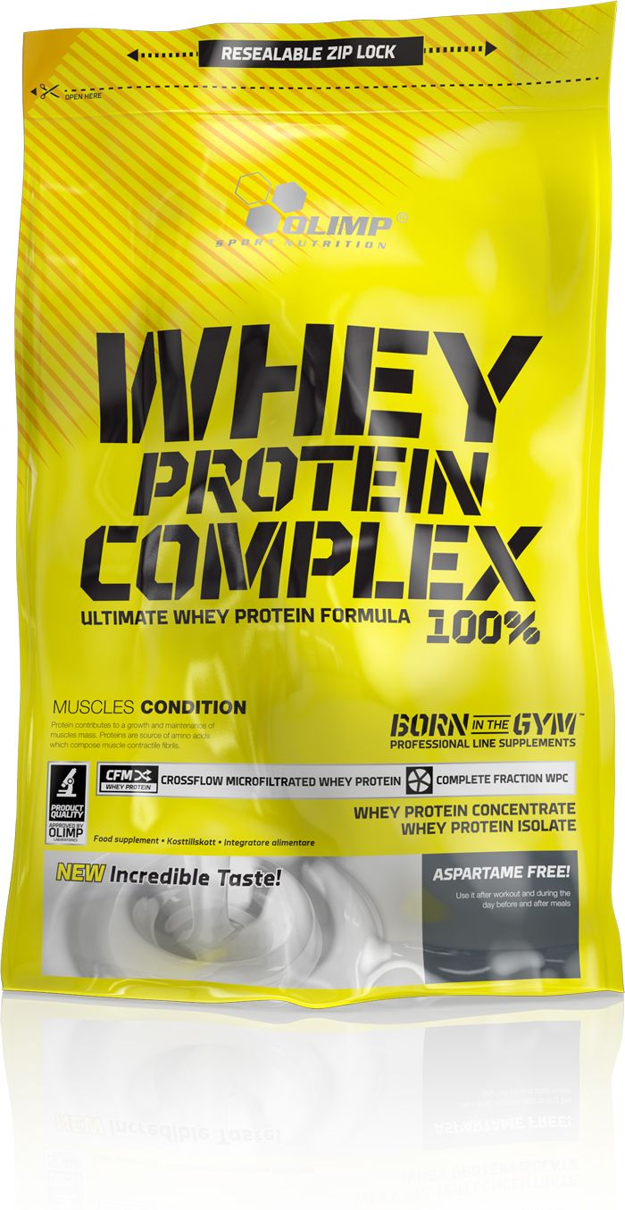Gelbe Verpackung mit Aufschrift Whey Protein Complex. Enthält 100% Ultimate Whey Protein Formula. Mit Zip-Lock-Verschluss.