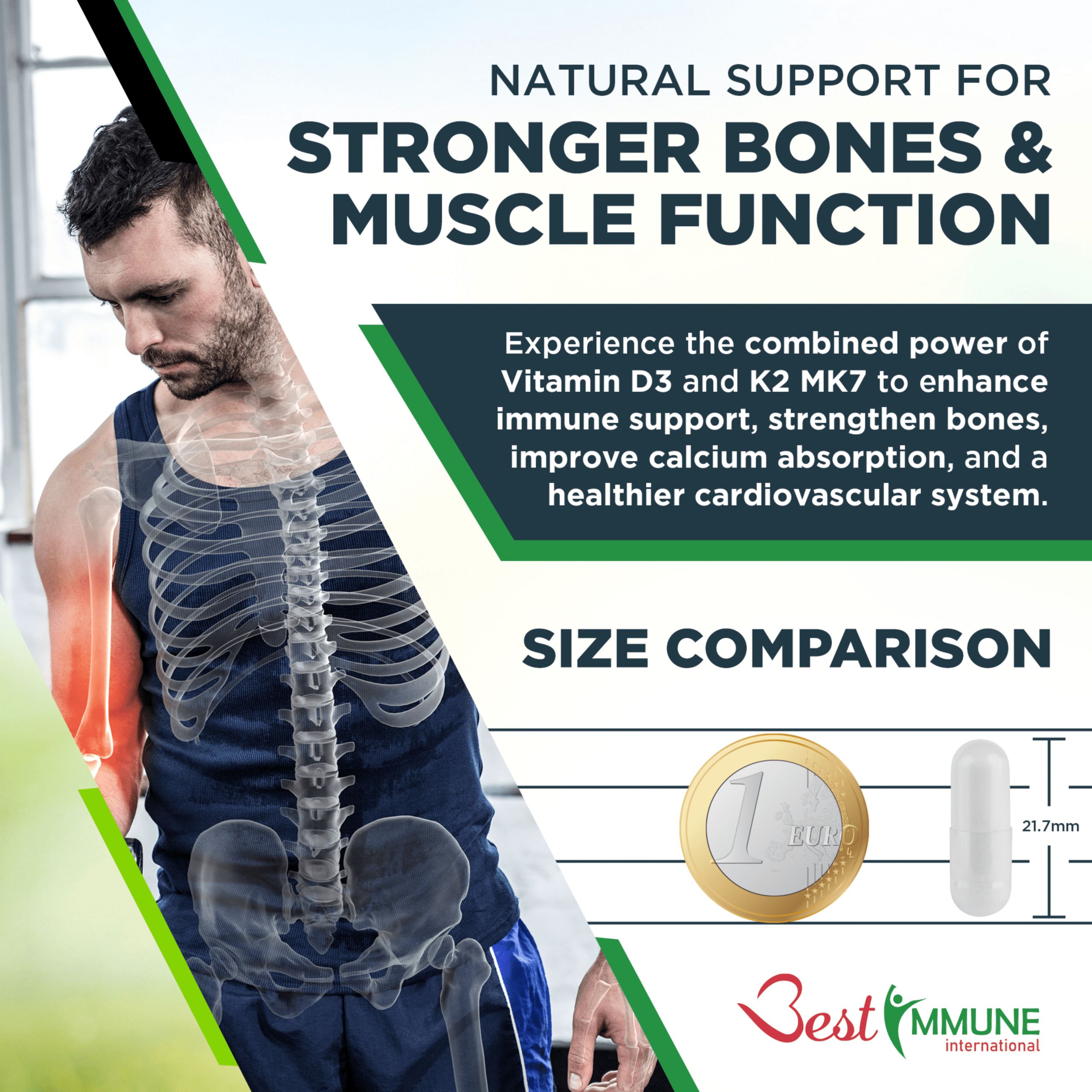 Mann mit Schmerzen. Vergleich: Kapsel und Münze. Aufschrift: Vitamin D3 und K2 MK7. Marke: Best Immune.