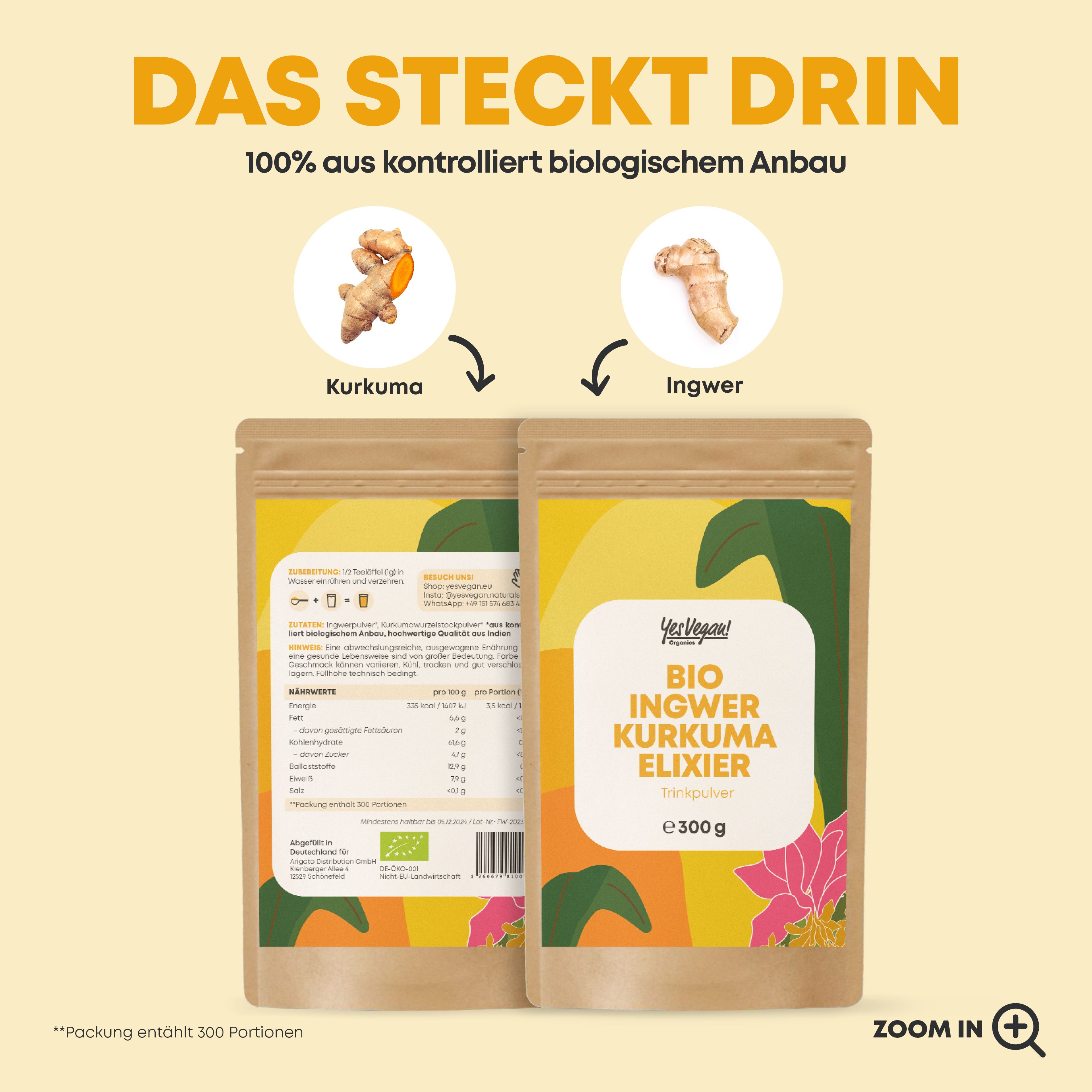 Bio Ingwer Shot mit Kurkuma - Immun Boost hochdosiert I 300 Portionen I Ingwer Kurkuma Shot Pulver