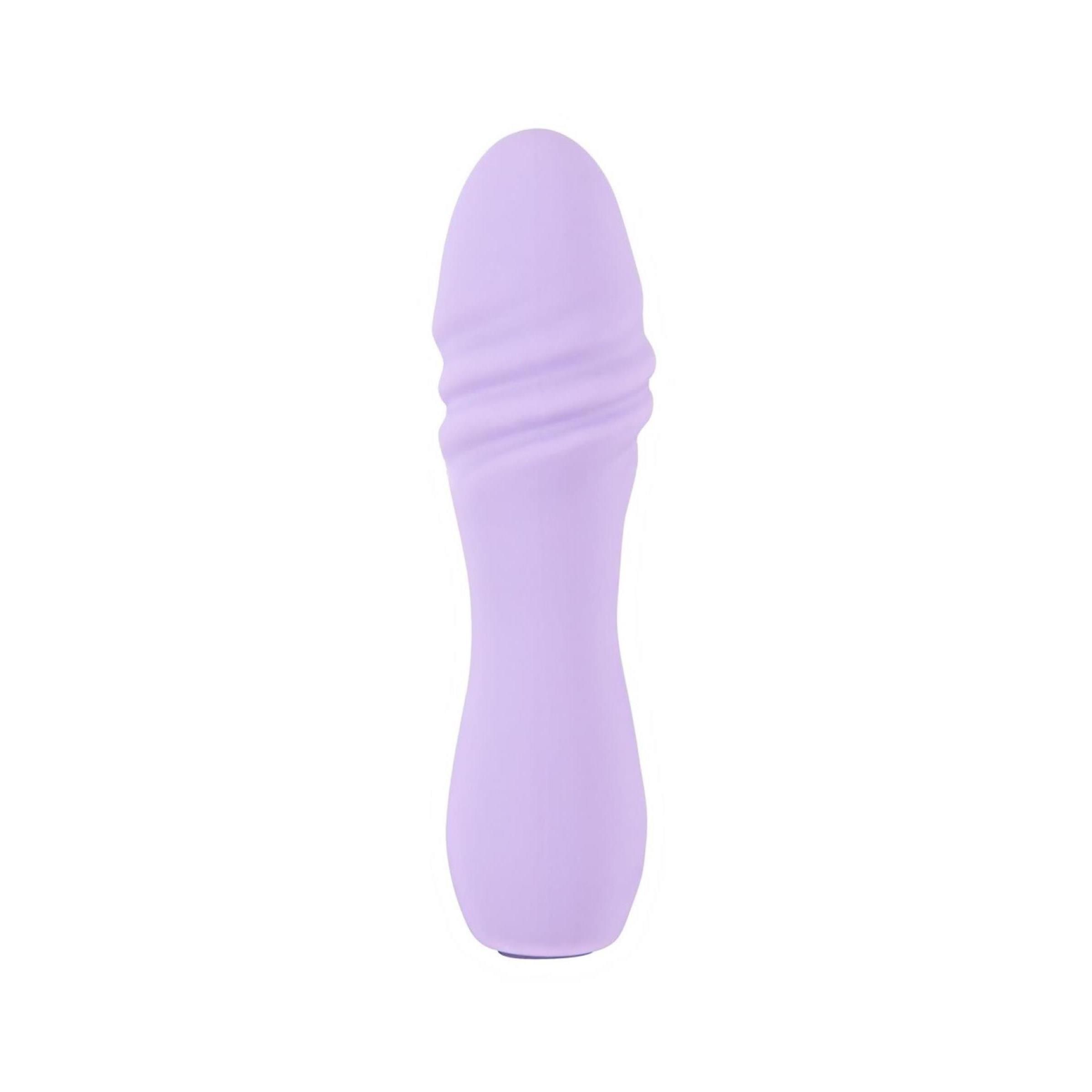 Lila Vibrator mit gewellter Oberfläche. Form: länglich, abgerundet. Material: Silikon.