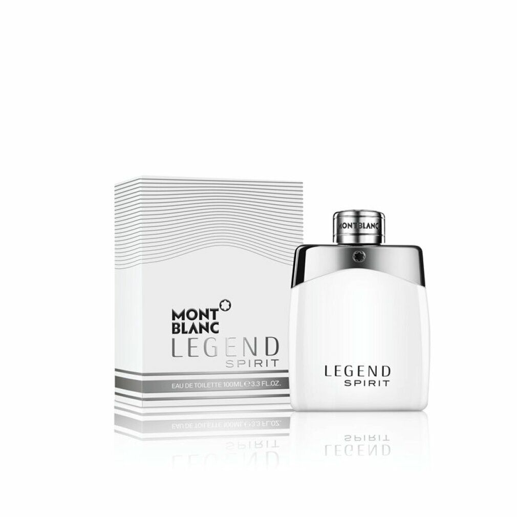 Weißes Eau de Toilette mit silberner Kappe und Verpackung. Aufschrift Legend Spirit und Montblanc.