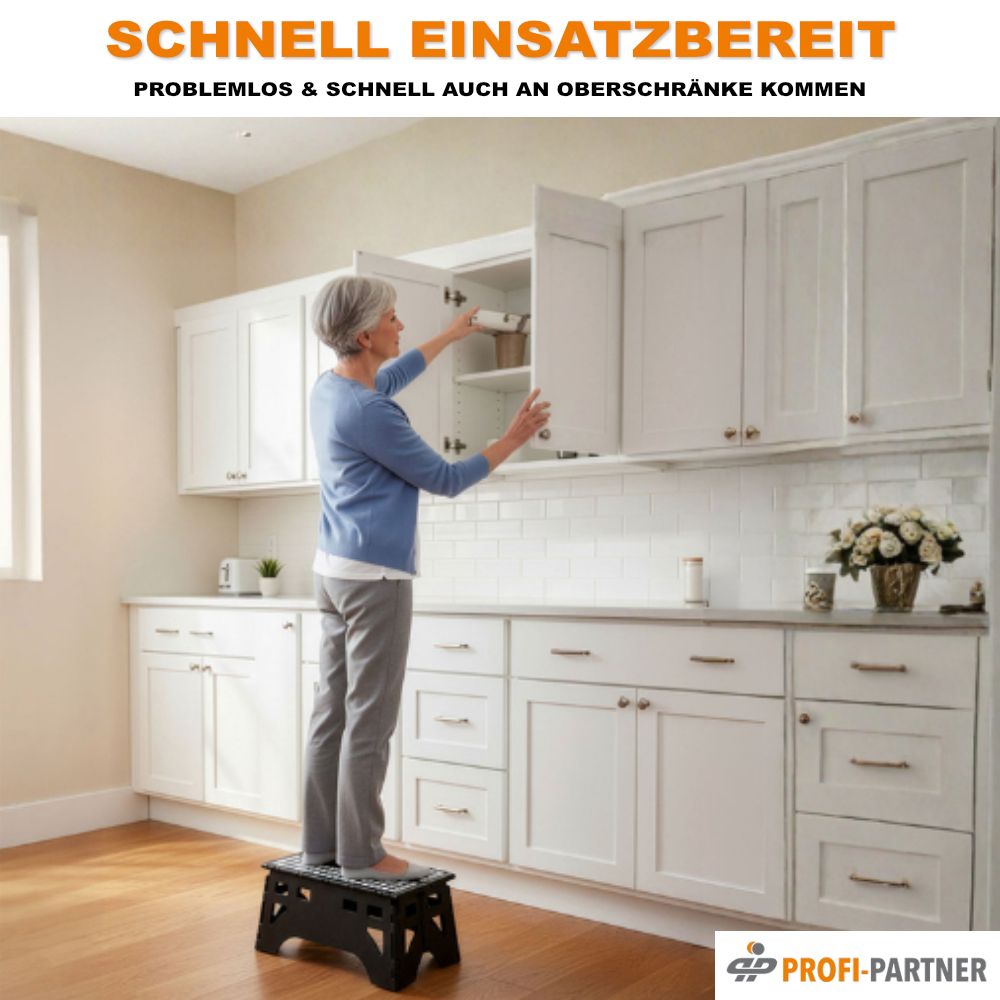 Grauer, faltbarer Tritthocker XL mit großer Standfläche.