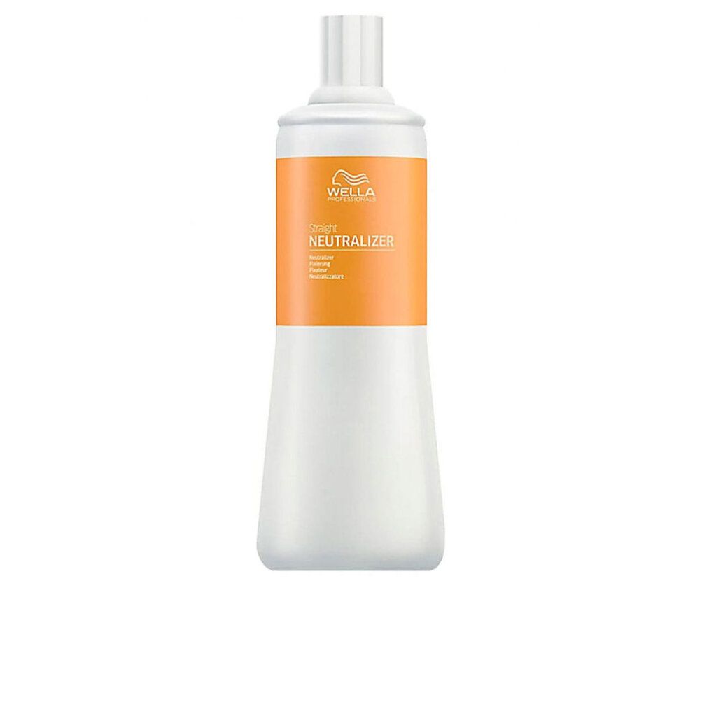 Weiße Flasche mit orangefarbener Banderole. Aufschrift: Wella Professionals Creatine+ Straight Neutralizer.