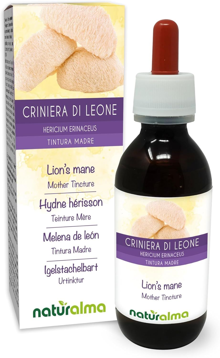 Braune Glasflasche mit Tropfer und Etikett. Text: Criniera di Leone, Hericium erinaceus, Tintura Madre. Löwenmähne, Urtinktur. Naturalma-Logo.
