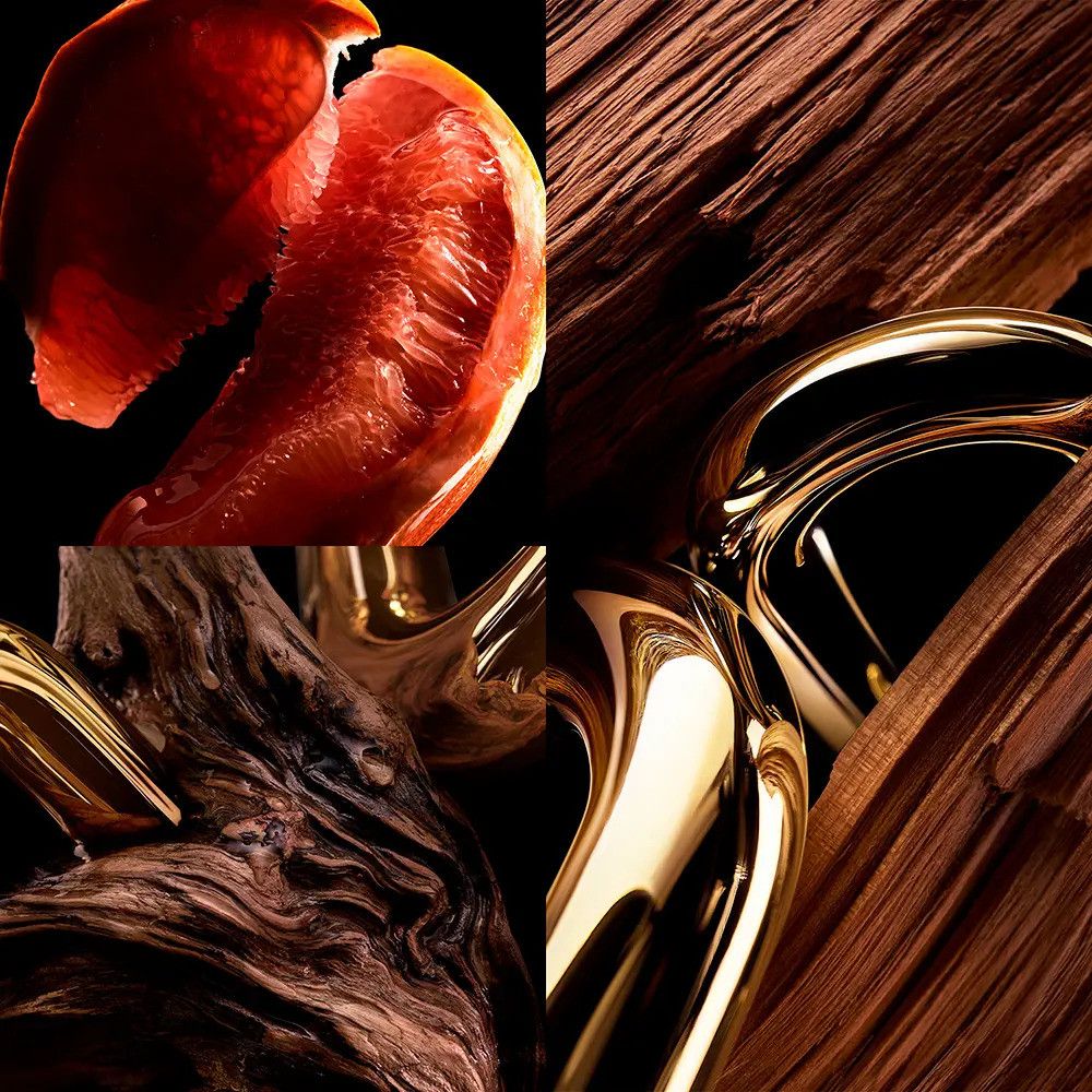 Vierfach geteiltes Bild. Grapefruit, Holz und goldfarbene Elemente. Details der Duftkomposition.