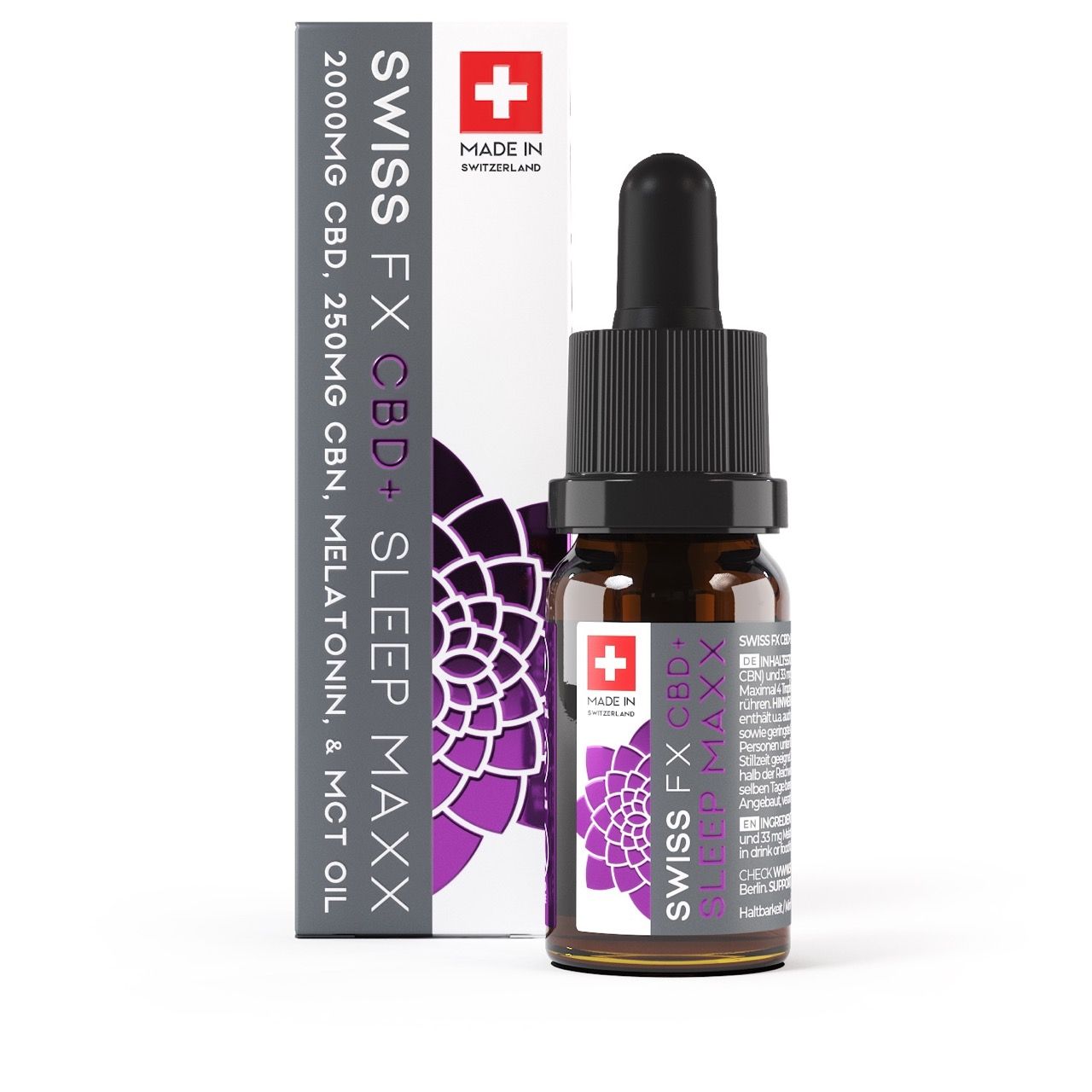 Braunglasflasche mit Tropfer und Verpackung. Aufschrift: SWISS FX CBD+ SLEEP MAXX, Schweizer Kreuz.