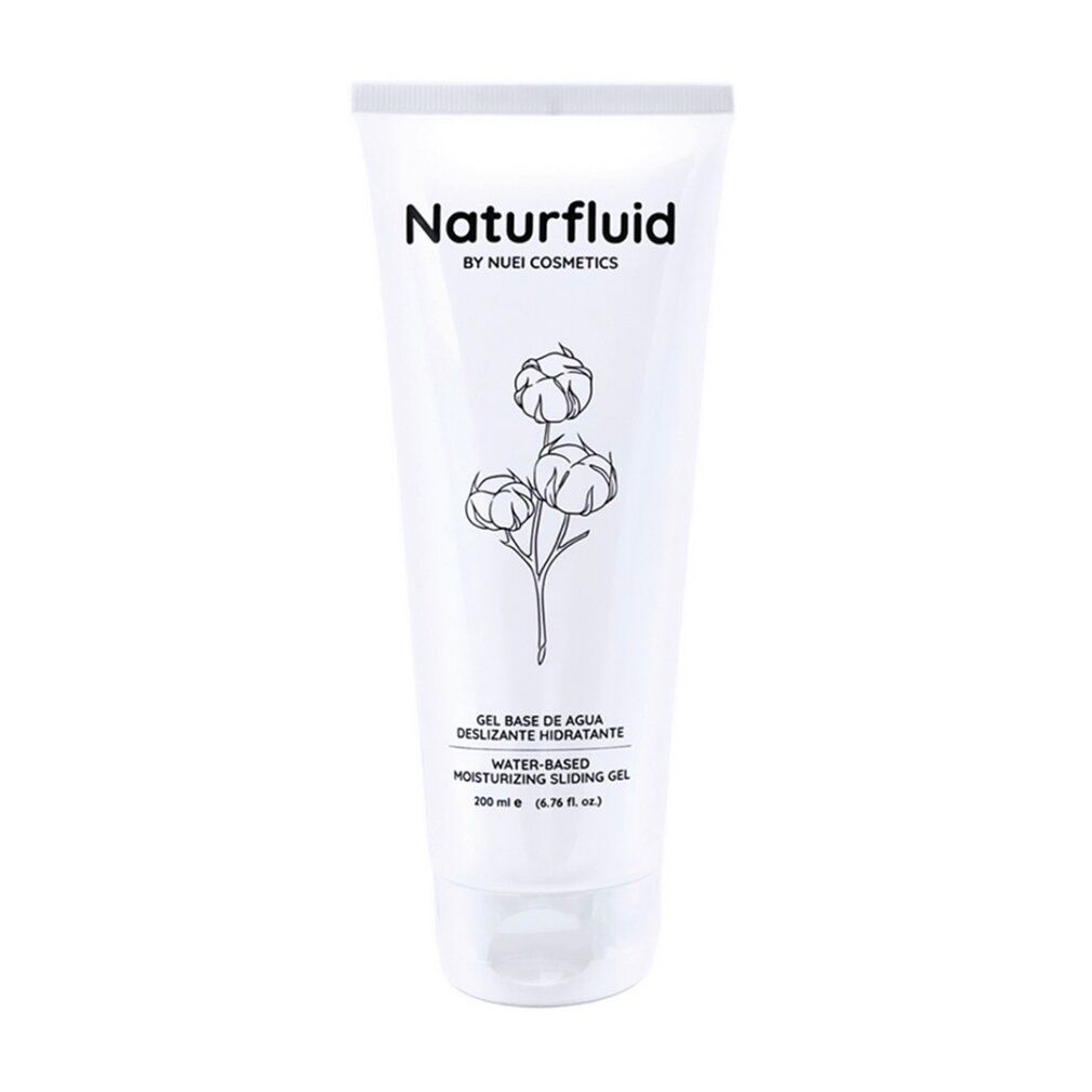 Weiße Tube mit Naturfluid Gleitgel, Baumwollmotiv und Textangaben.