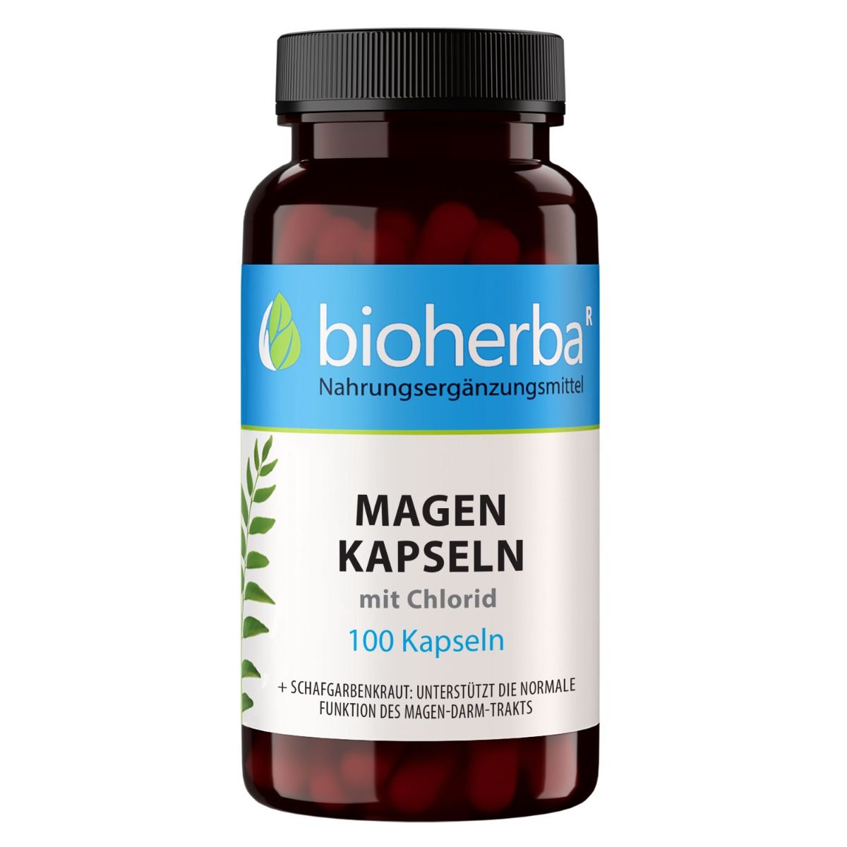 Braune Kapsel-Dose mit schwarzem Deckel. Etikett mit blauem Streifen, Produktname und Logo. Text: Magen Kapseln, 100 Kapseln.