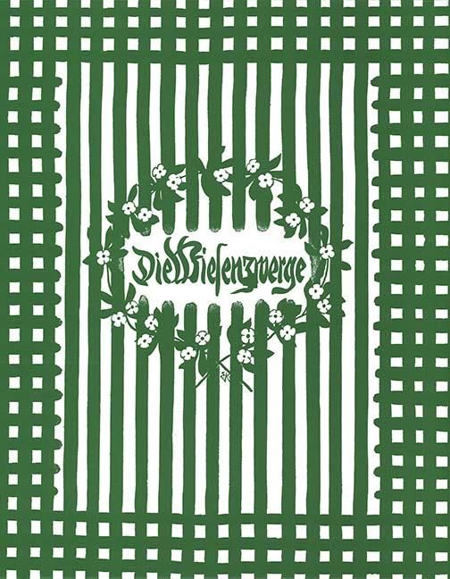 Grüner Hintergrund mit vertikalen Streifen und einem quadratischen Gittermuster. In der Mitte ein Kranz mit dem Schriftzug "Die Wiesenzwerge".