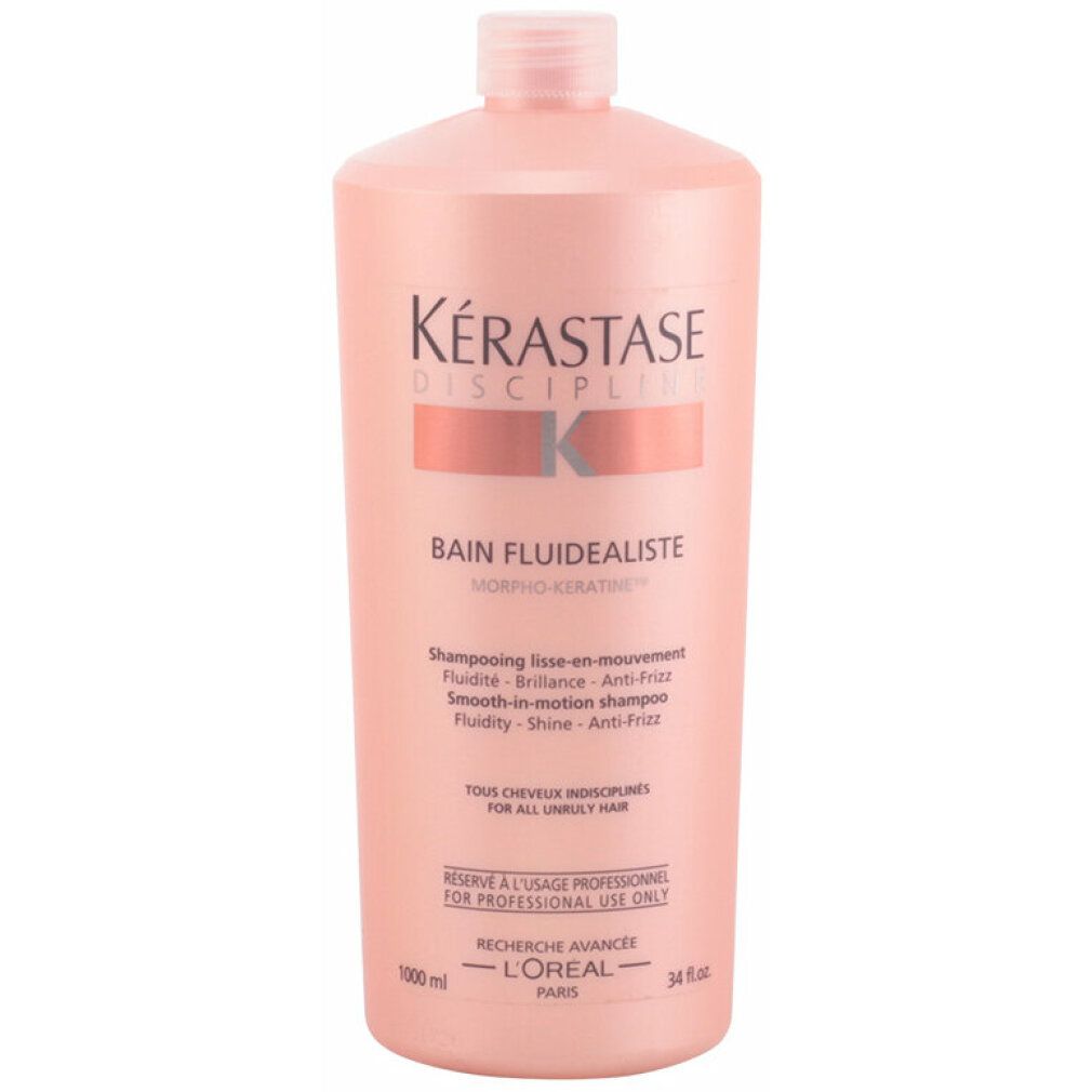 Rosa Shampoo-Flasche mit weißer Schrift. Kérastase Discipline Bain Fluidealiste. 1000 ml. Für alle Haartypen.