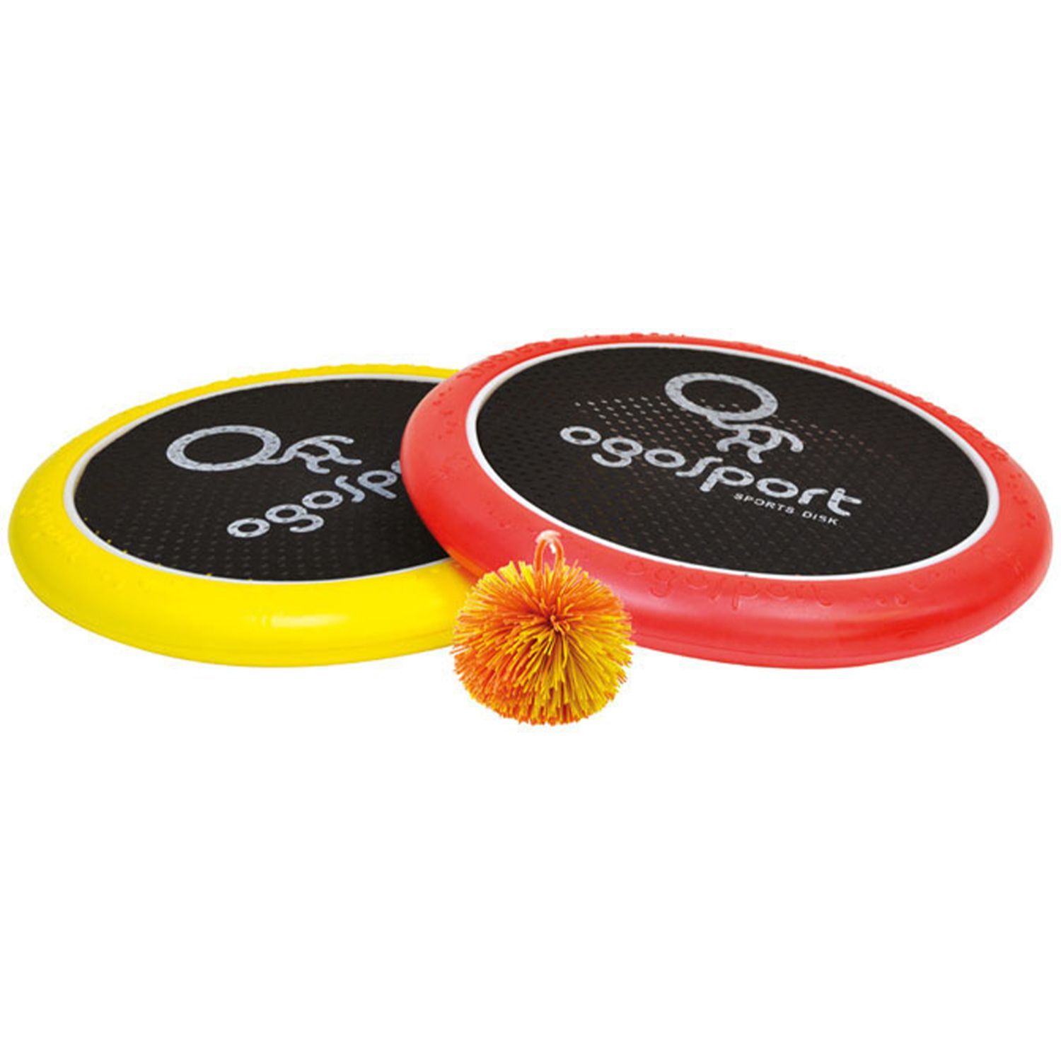 Ogo Sport® Set. Zwei Scheiben, gelb und rot, mit schwarzem Netz. Ein orangefarbener Ball.