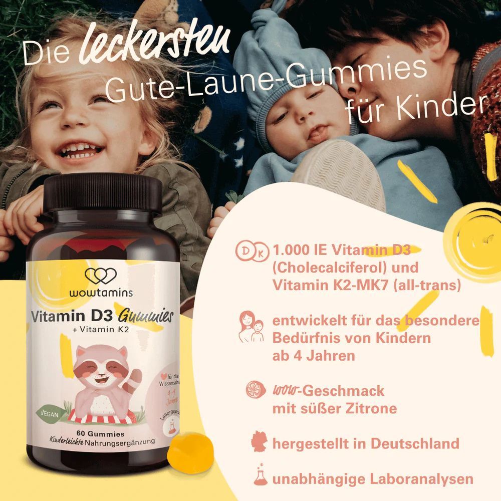 Produktflasche mit Vitamin D3 Gummies, Illustration eines Waschbären. Text: 1.000 IE Vitamin D3, entwickelt für Kinder ab 4 Jahren.