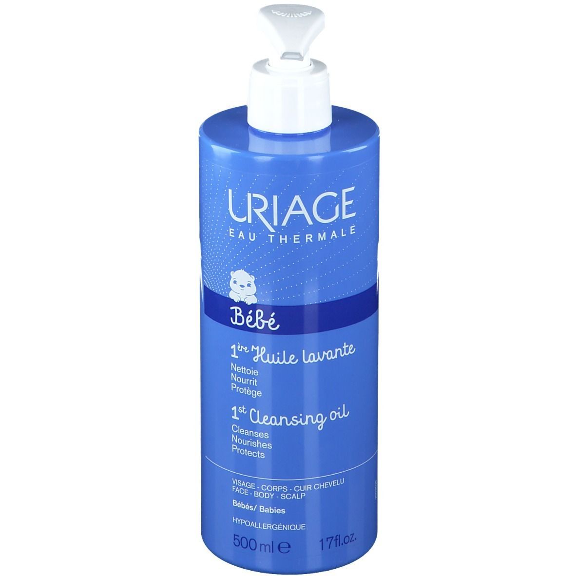 Flacone blu con dosatore bianco. Uriage Bébé 1er Huile lavante. Viso, corpo, cuoio capelluto. 500ml.