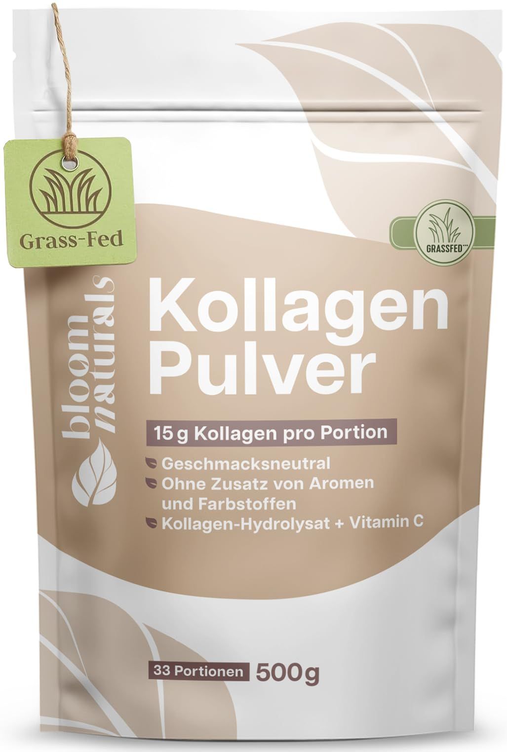 Bloom Naturals Kollagen Pulver Beutel mit "Grass-Fed" Siegel, 500g, 15g Kollagen + Vitamin C pro Portion.