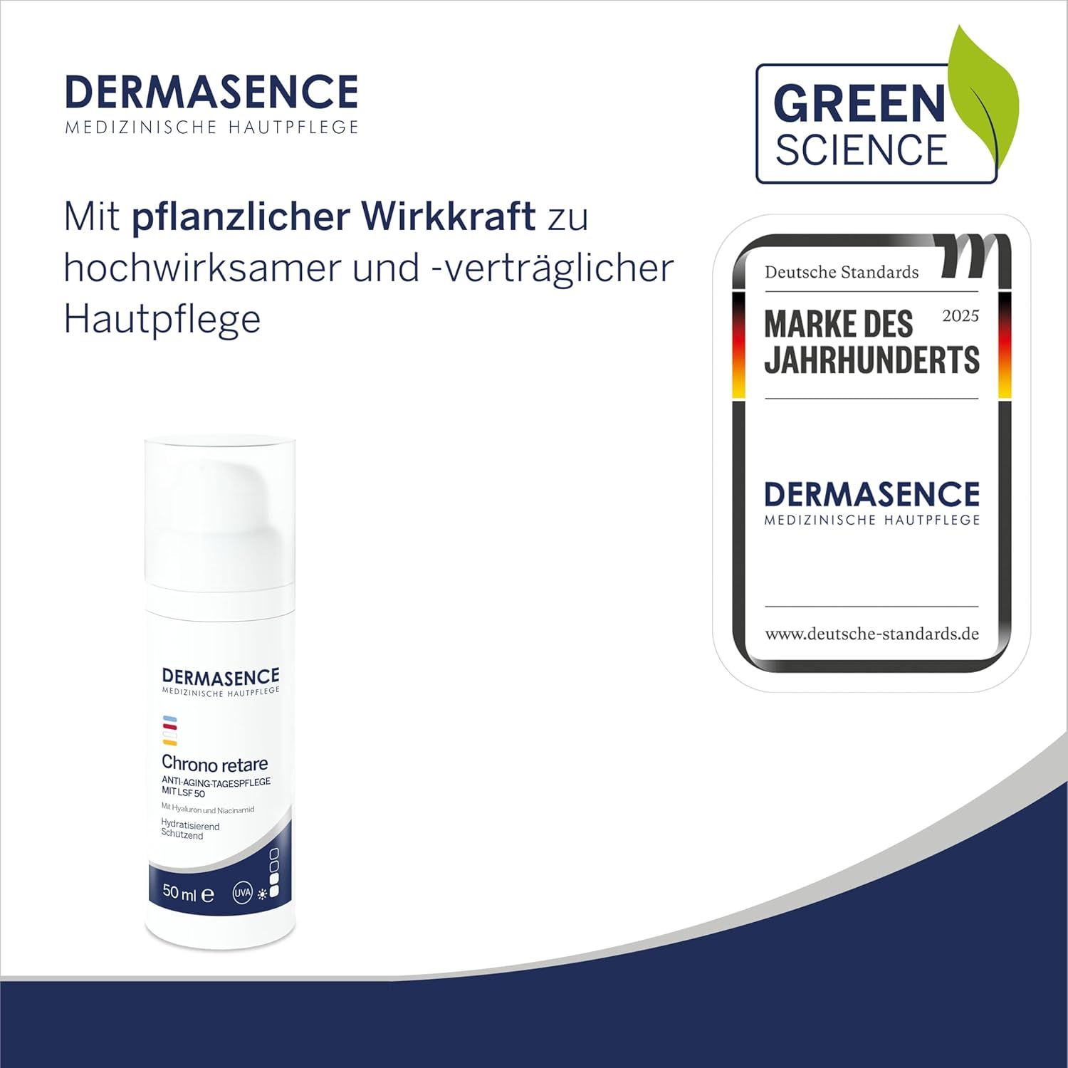 Weiße Flasche DERMASENCE Chrono retare. Text: Anti-Aging-Tagespflege, LSF 30. Mit Green Science Siegel und Auszeichnung Marke des Jahrhunderts.