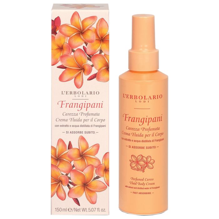 L'Erbolario Frangipani Körperlotion. Flasche und Karton mit floralem Design. Text: Carezza Profumata Crema Fluida per il Corpo.