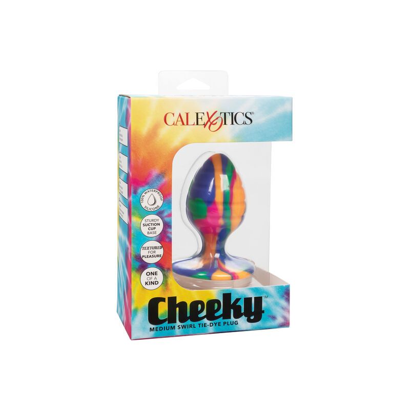 Verpackung mit Analplug. Marke CALEXOTICS. Produktname: CHEEKY. Medium Swirl Tie-Dye Plug. Sichtbar durch eine transparente Verpackung.