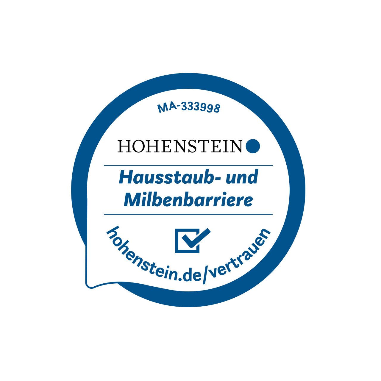 Rundes Logo mit blauem Rand. Text: HOHENSTEIN, Hausstaub- und Milbenbarriere. Check-Symbol.