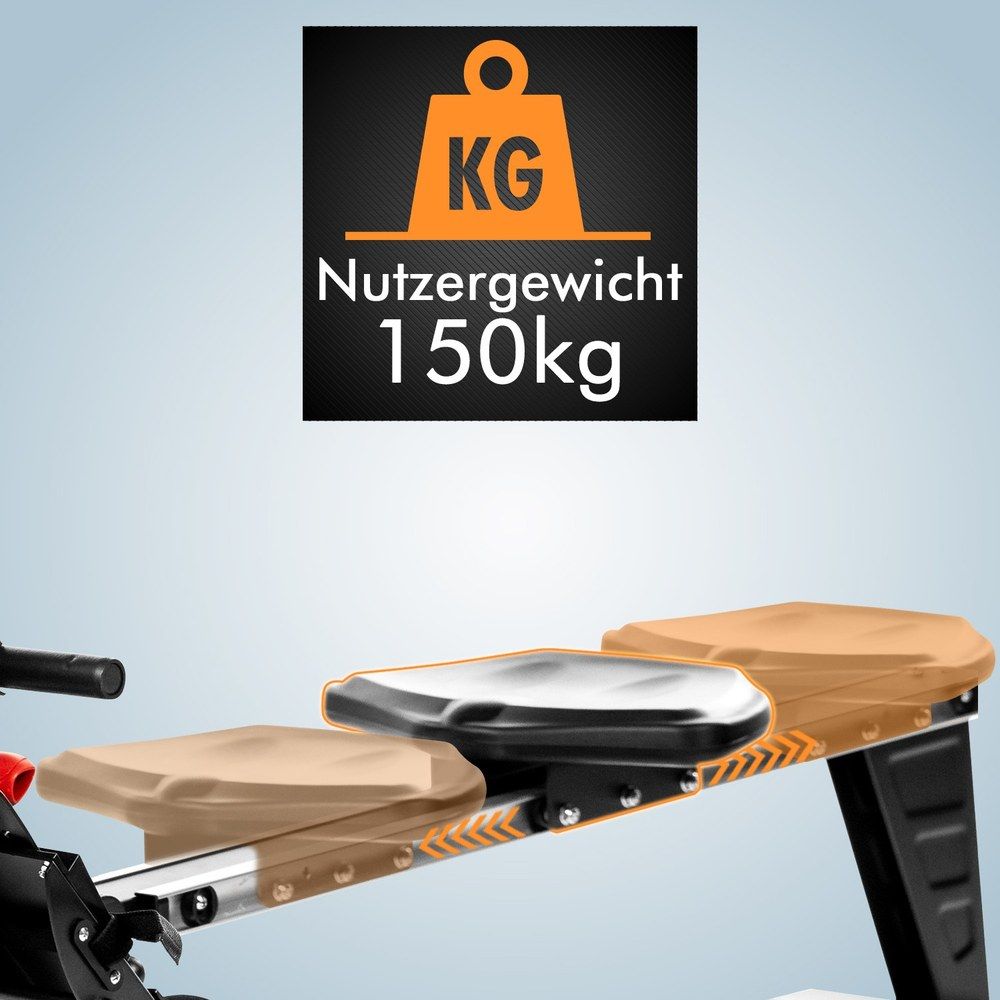 Detailansicht des Sitzes und der maximalen Nutzergewichtsanzeige (150kg) des Rudergeräts.