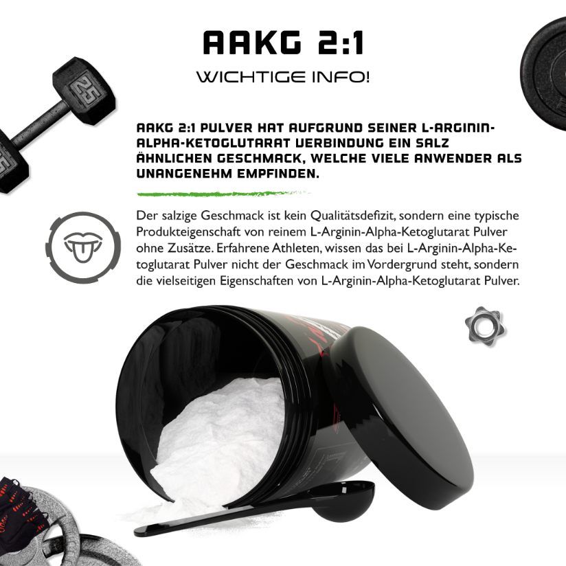 Offene Dose mit weißem Pulver, Löffel. Text: AAKG 2:1, L-Arginin-Alpha-Ketoglutarat. Text über Geschmack und Eigenschaften des Produkts.