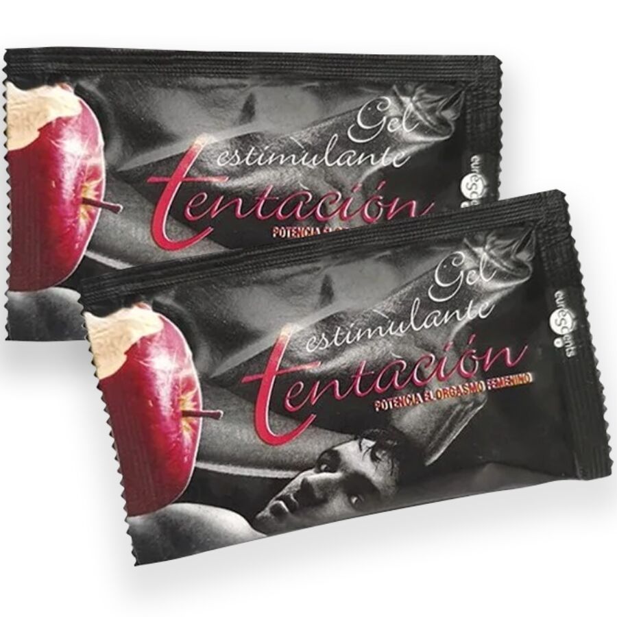 Zwei schwarze Beutel mit Produktaufdruck. Aufschrift: Tentacion, Gel estimulante. Abbildung eines Apfels und eines Gesichts.