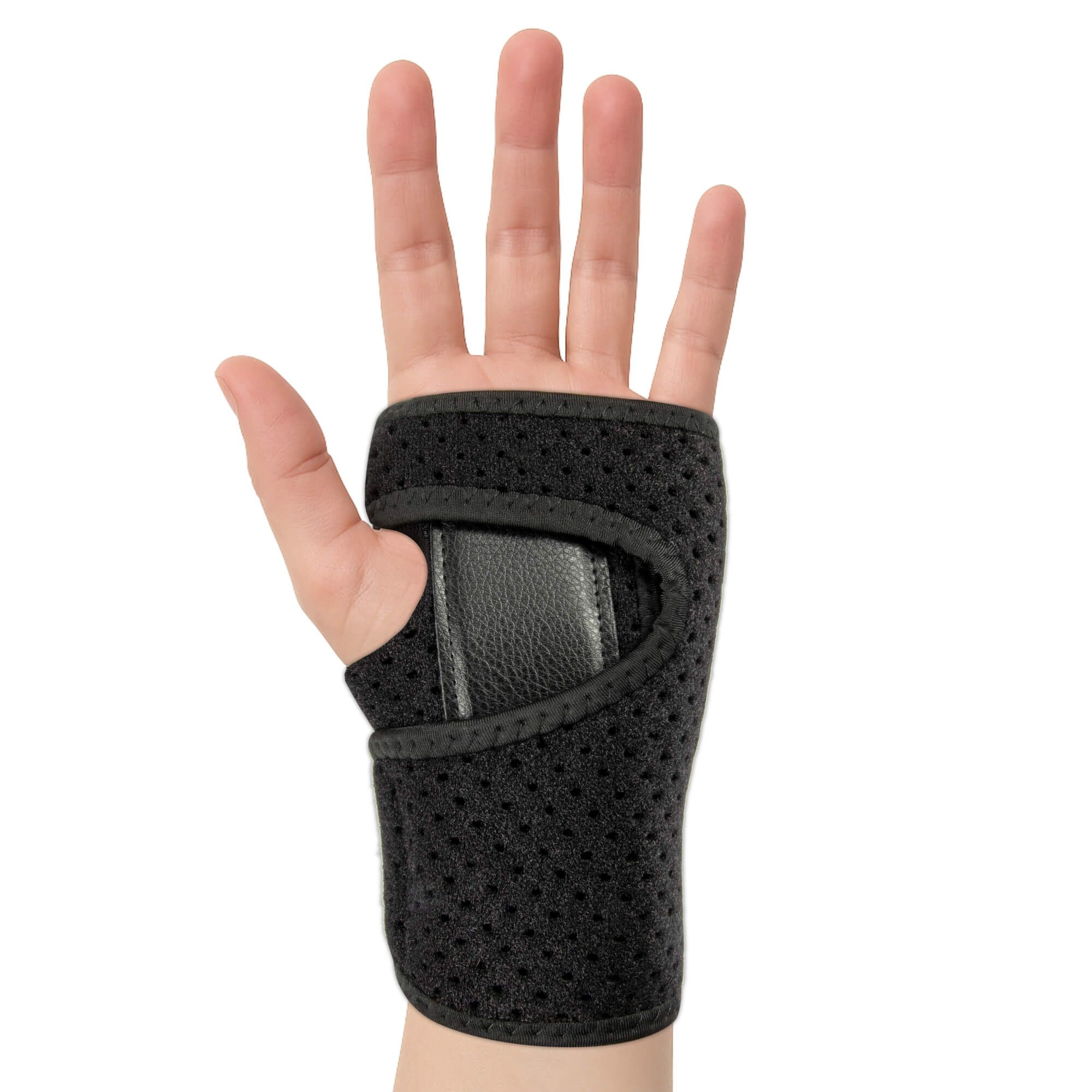 Schwarze Handgelenkbandage mit Klettverschluss, auf einem Arm getragen.
