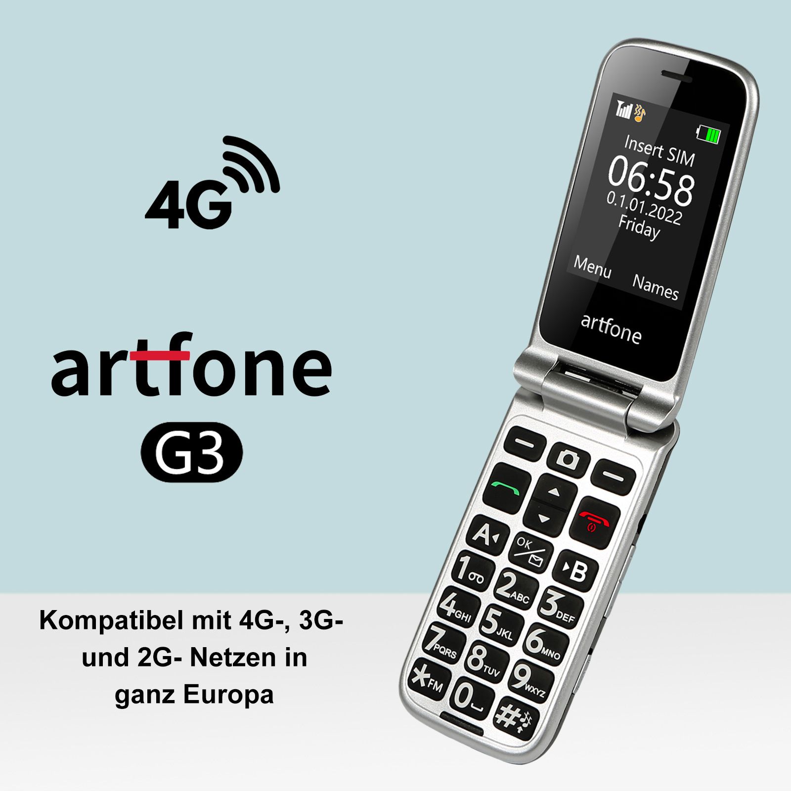 artfone G3 4G Seniorenhandy | Klapphandy mit SOS-Taste, Ladestation, Kamera & großem Display | Grau