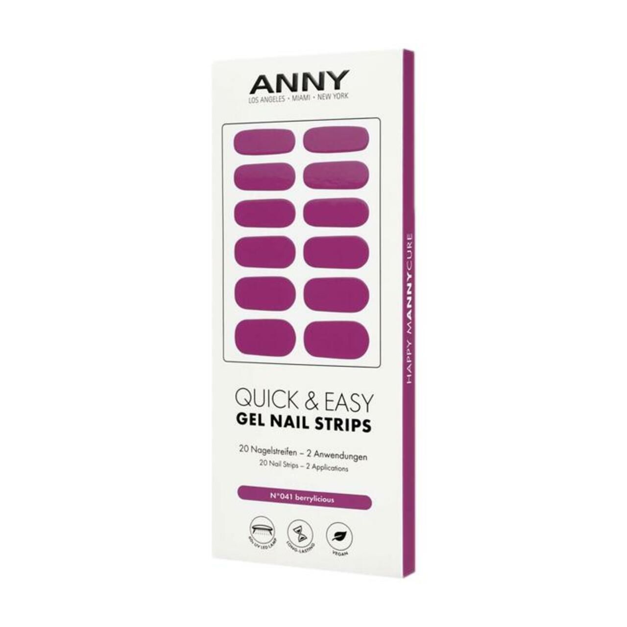 Verpackung mit ANNY Quick & Easy Gel Nail Strips. 20 Nagelstreifen, Farbe Berrylicious. Aufdrucke: Marke, Produktname, Logos.