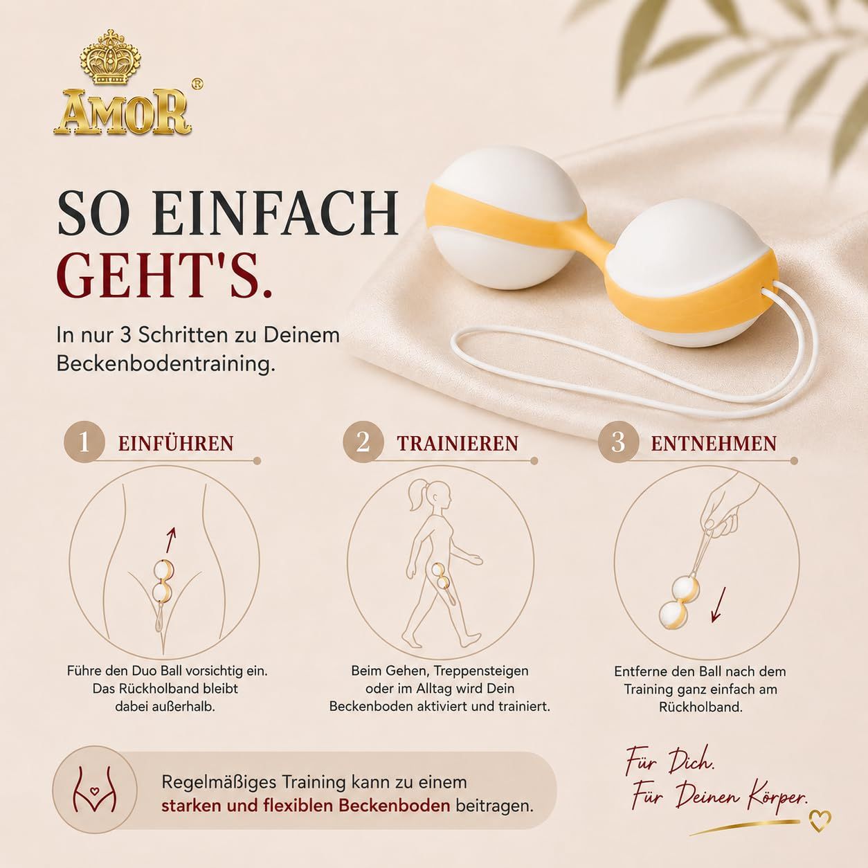 Duo-Ball-Beckenbodentrainer in Weiß und Orange, mit Text und Grafiken.